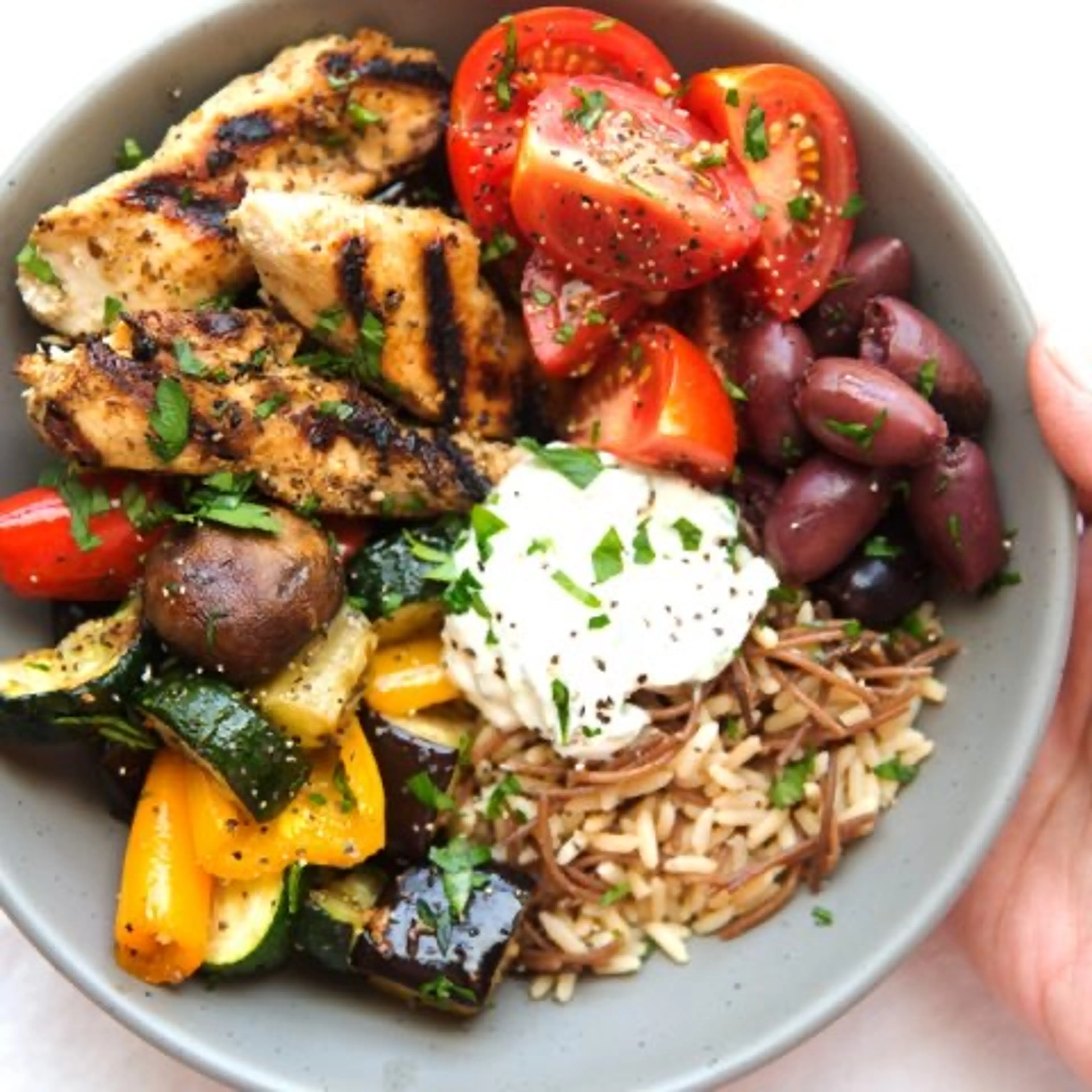 Greek Chicken Souvlaki Bowls with Roasted Veggies and Tzatzi