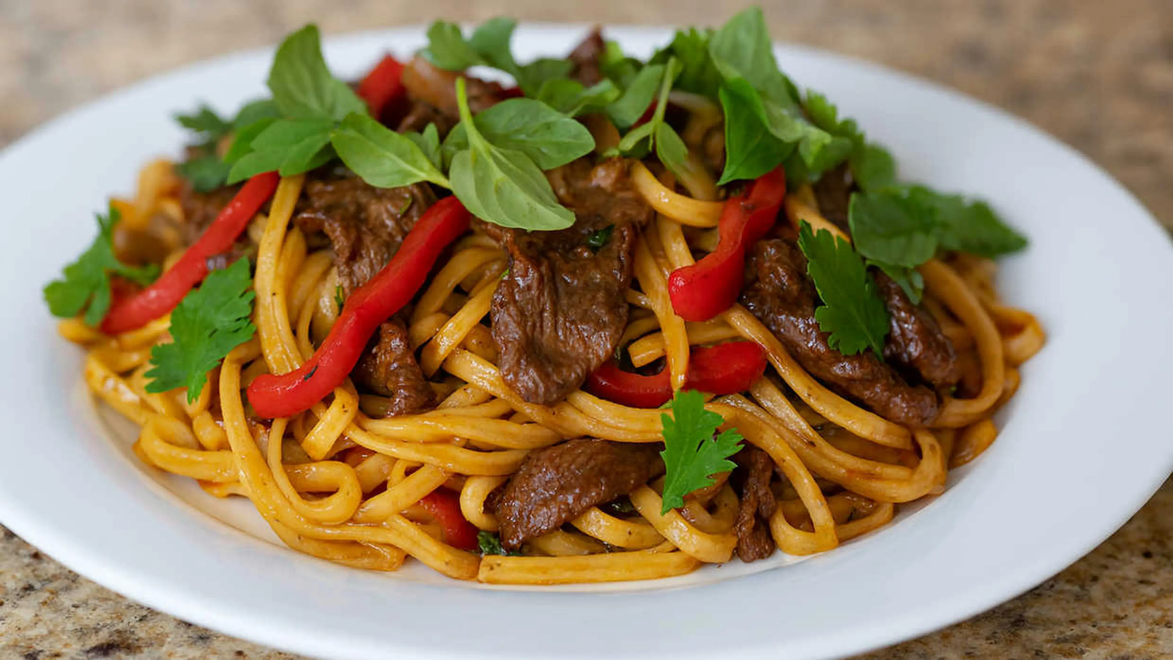 Thai Beef Noodles with Peppers and Onions