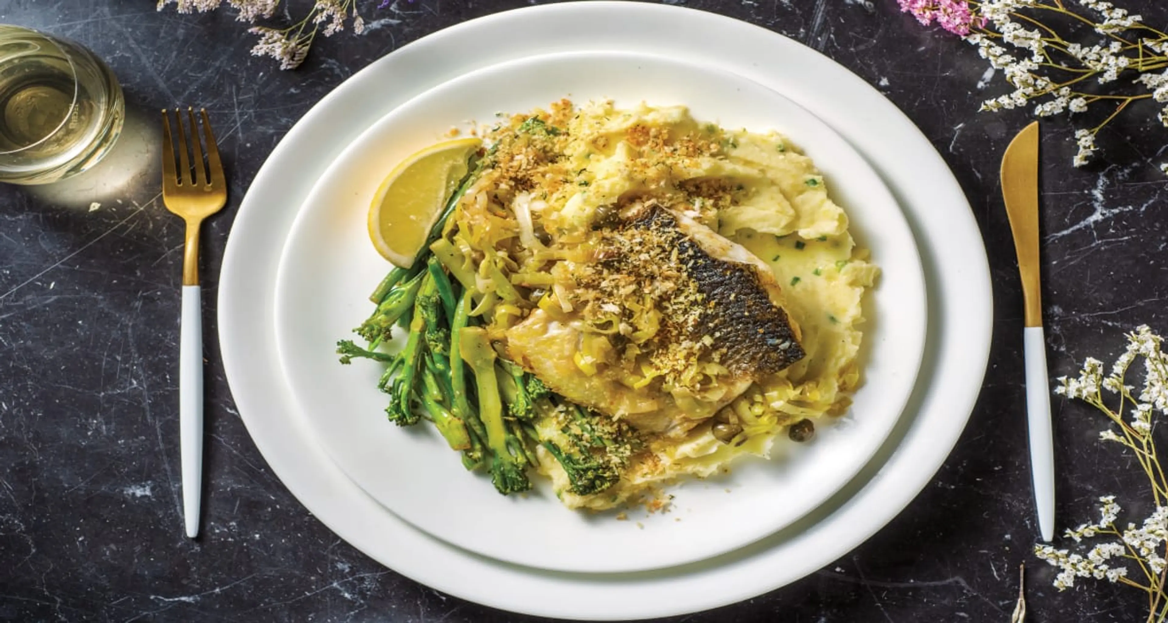 Seared Barramundi & Leek-Caper Sauce with Chive Mash
