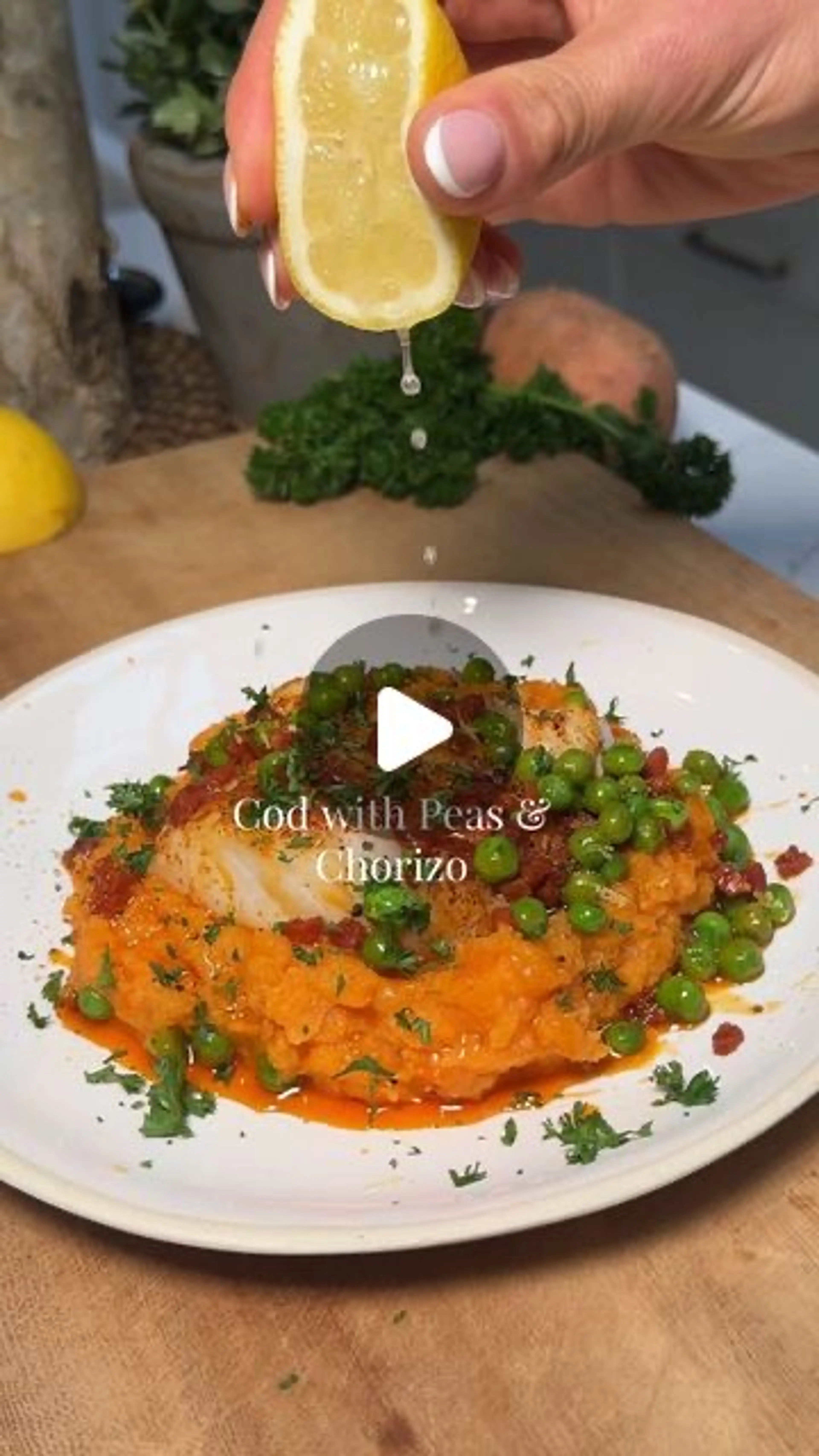 Roasted Cod on Sweet Potato with Peas and Chorizo