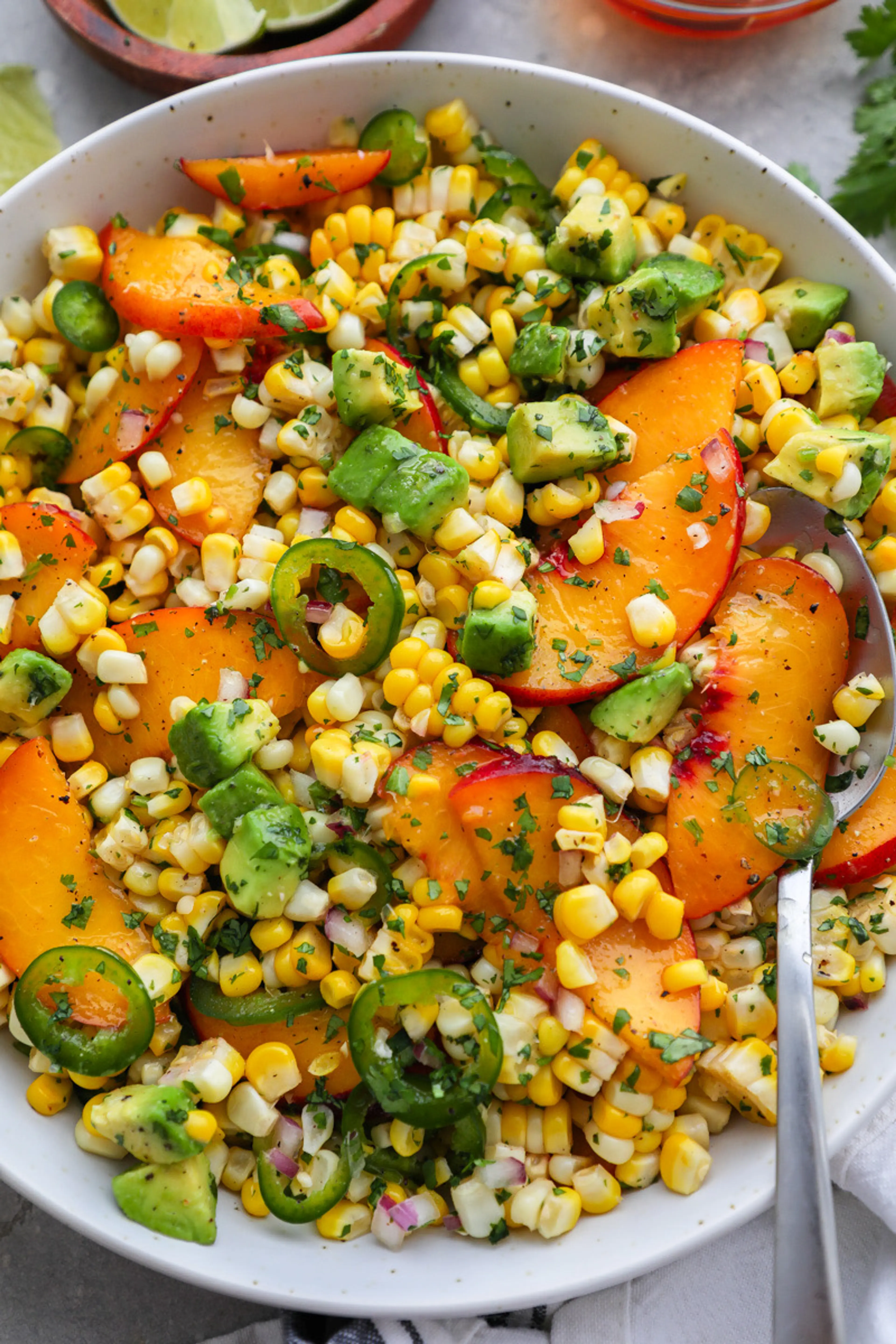 Peach Avocado Corn Salad with Honey-Lime Dressing