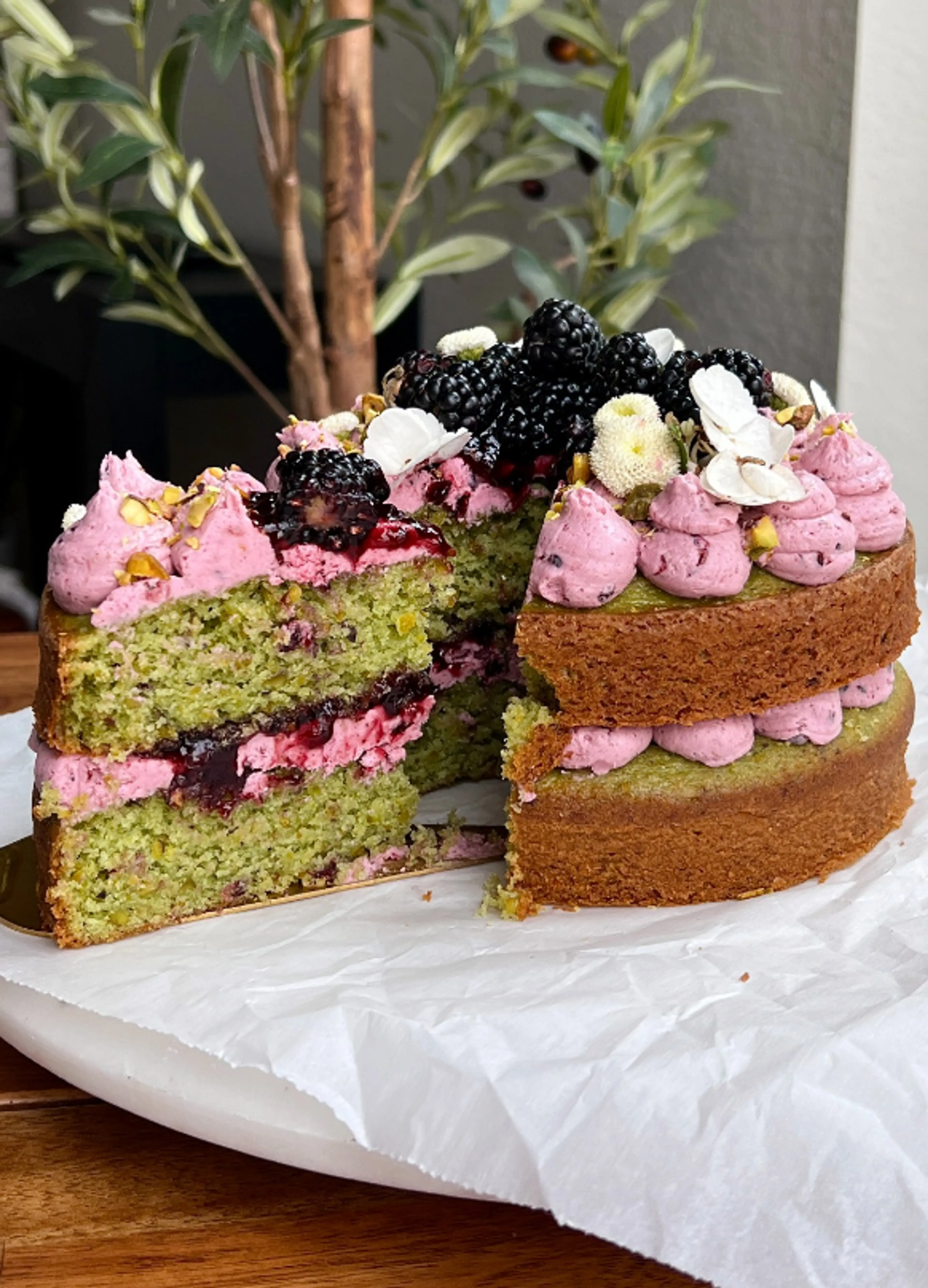 Pistachio and Blackberry Olive Oil Cake