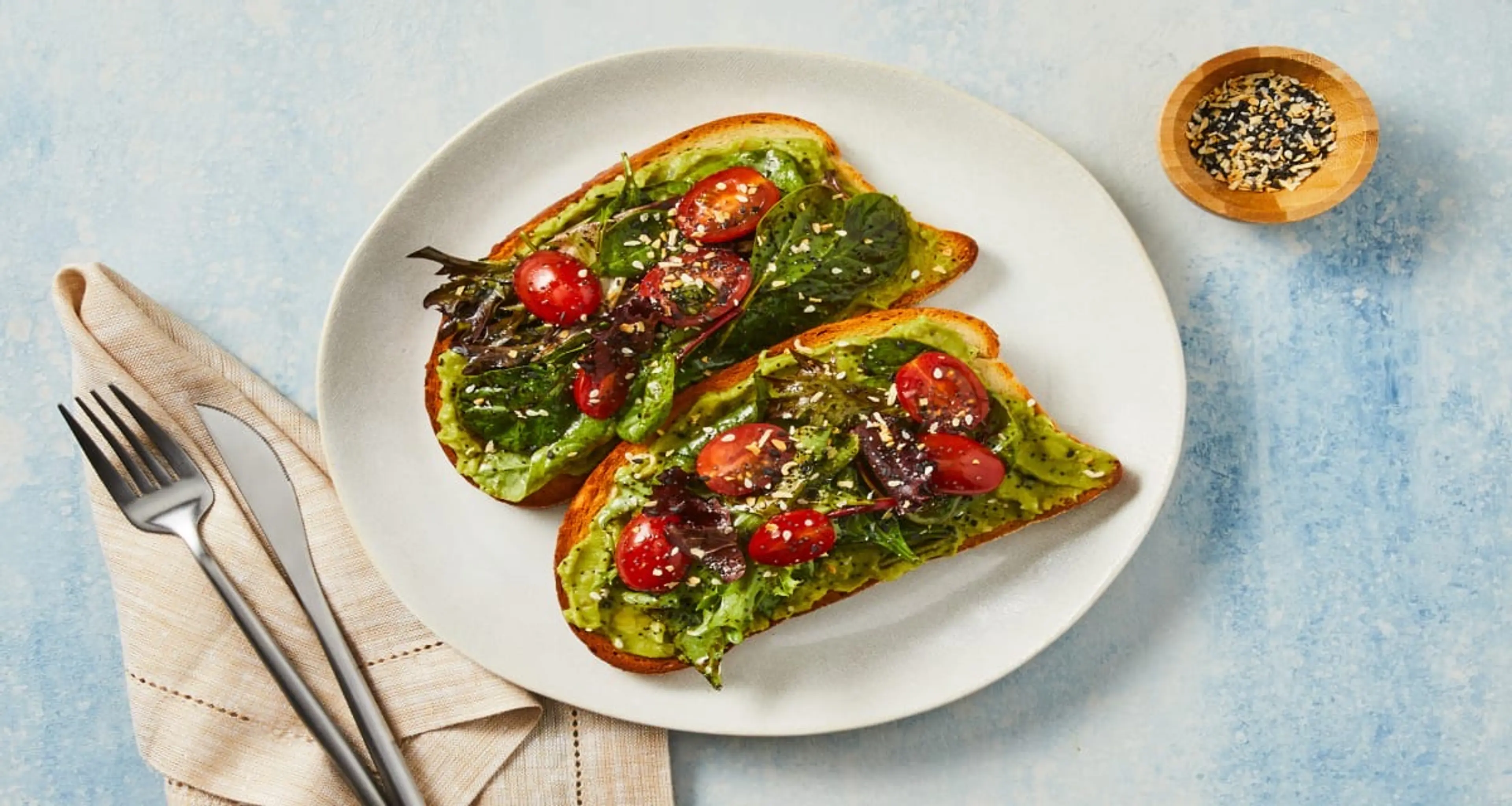 Everything Bagel Avocado Toasts with Balsamic Mixed Greens &