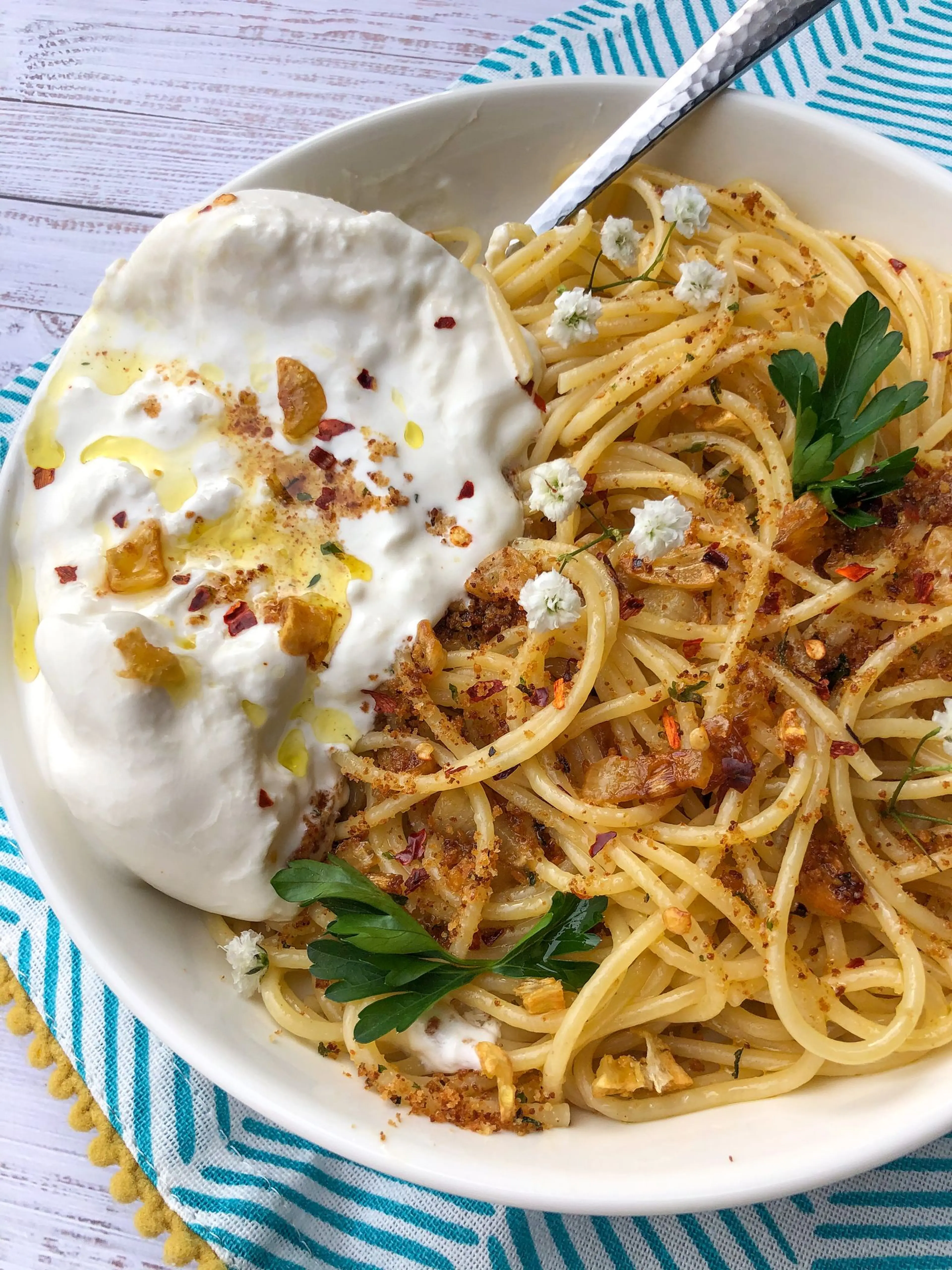 Spaghetti Aglio e Olio with Burrata and Toasted Breadcrumbs