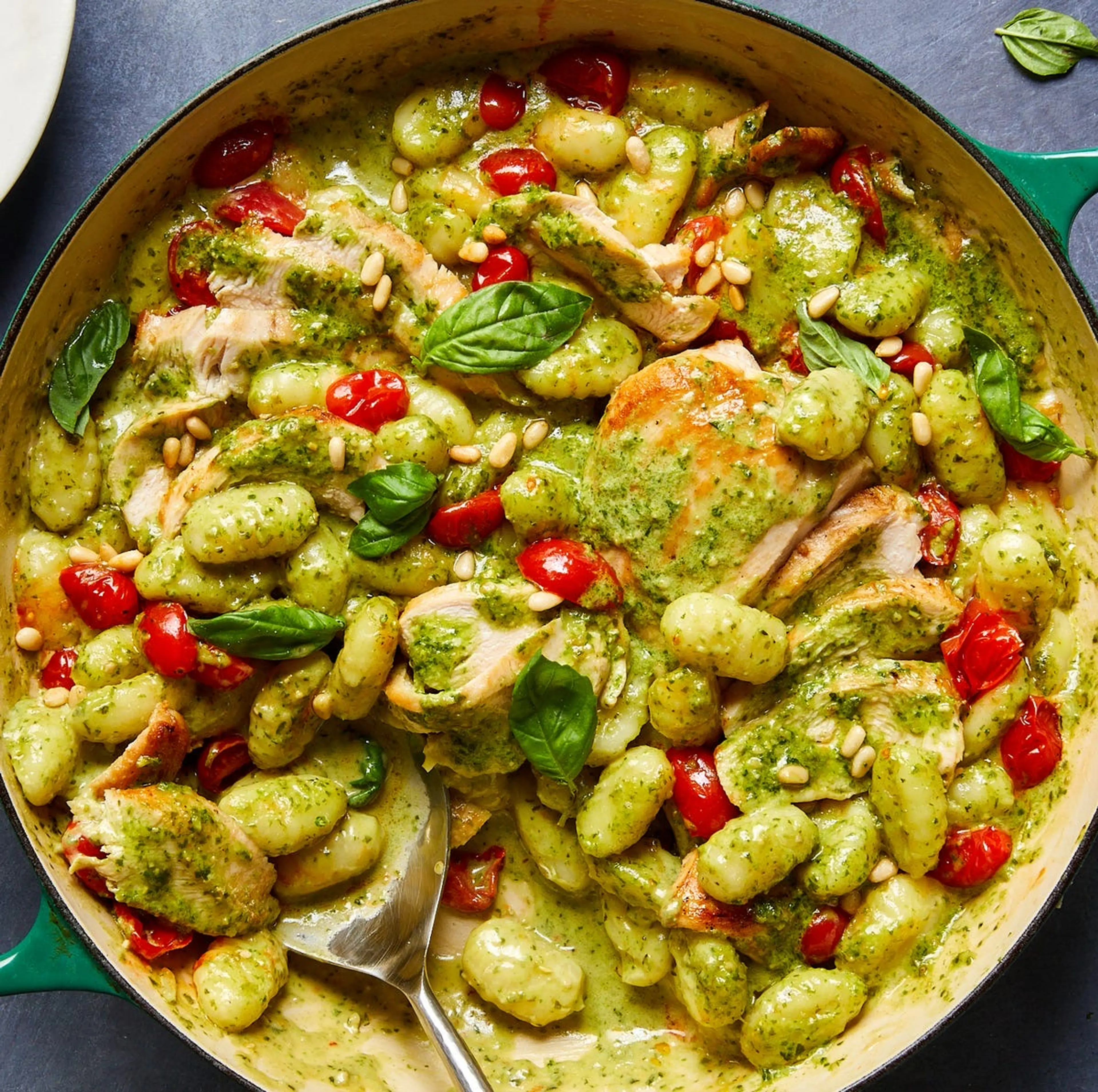 Creamy Pesto Baked Gnocchi & Chicken Skillet