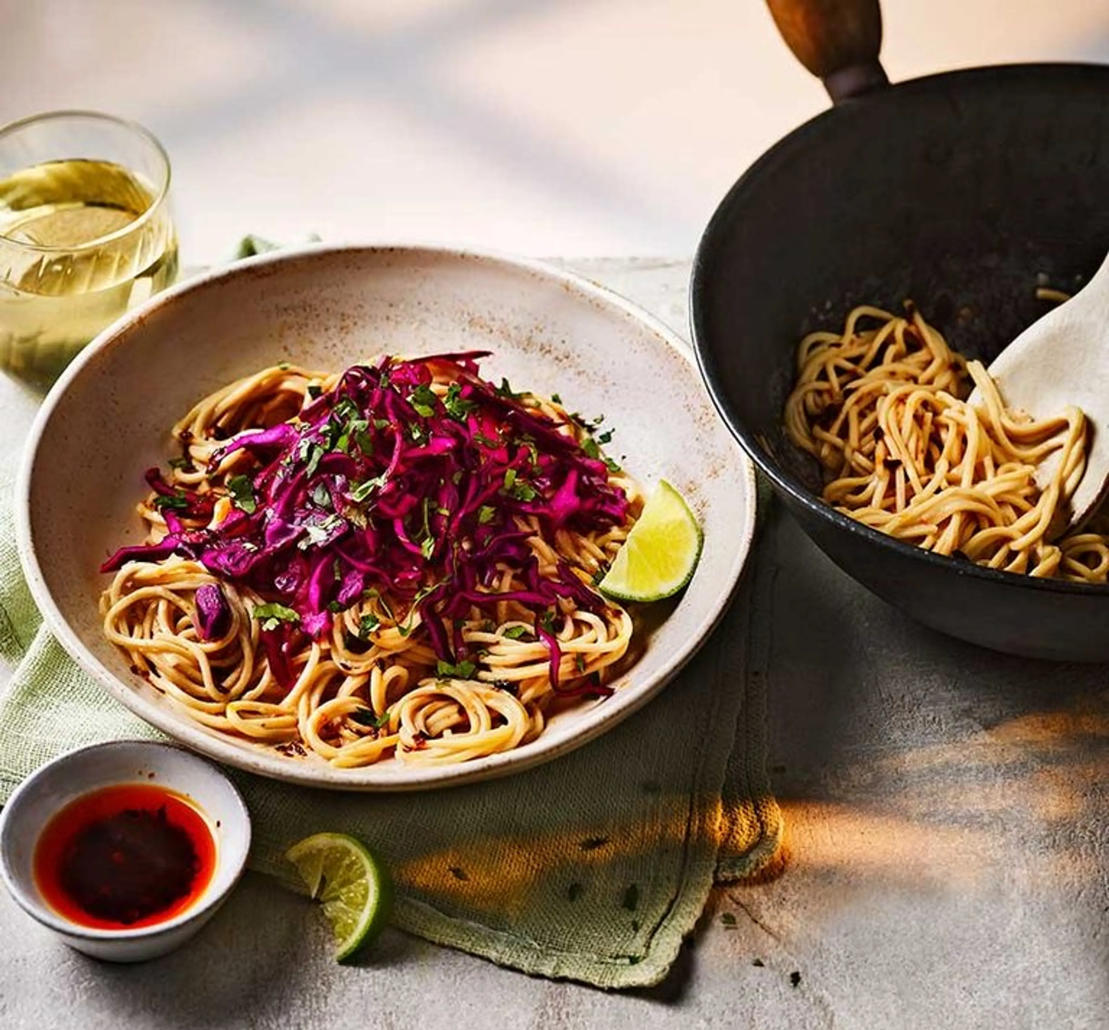 Tahini noodles with red cabbage & Sichuan peppercorn slaw