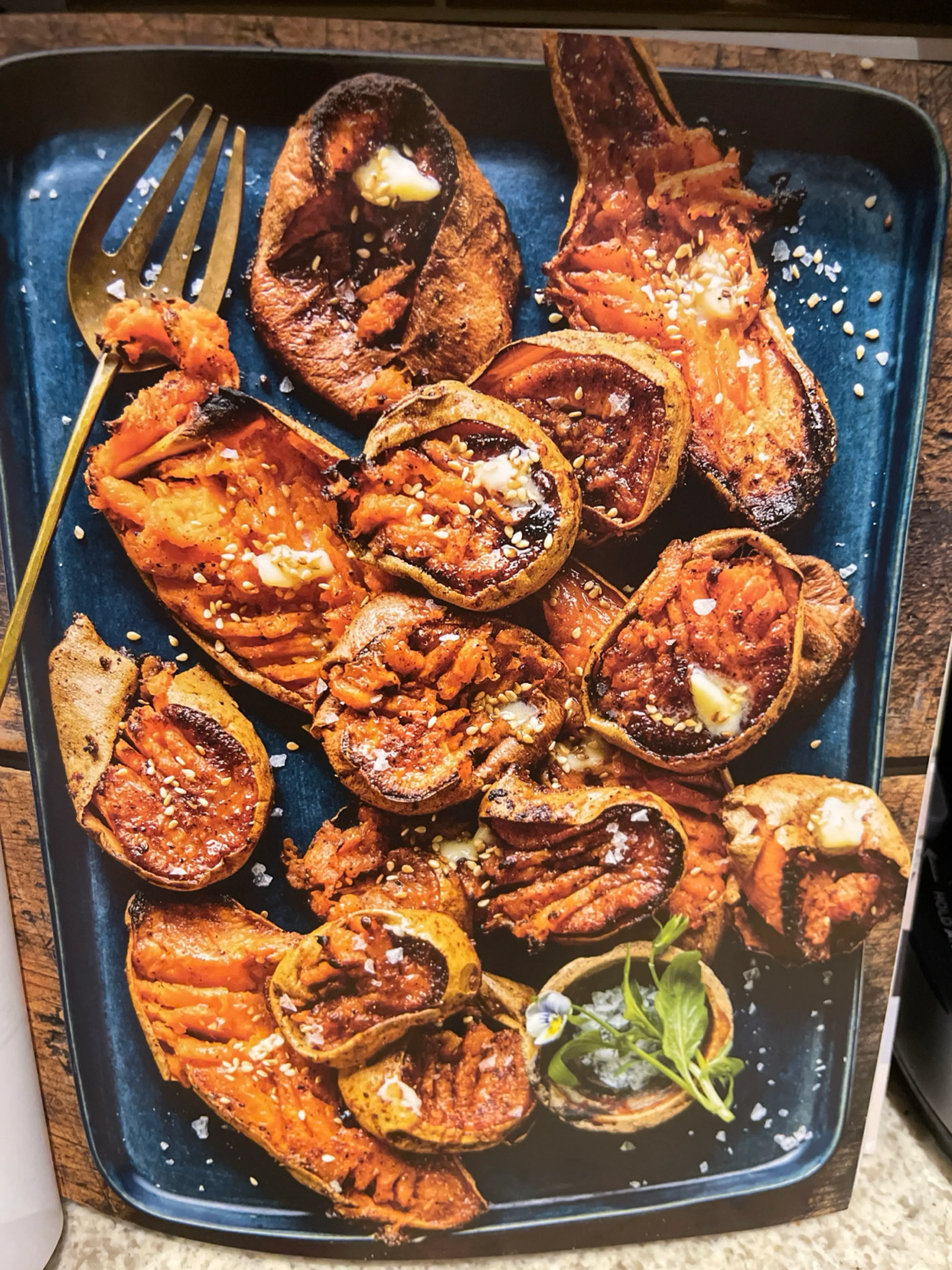 maple-sesame smashed sweet potatoes