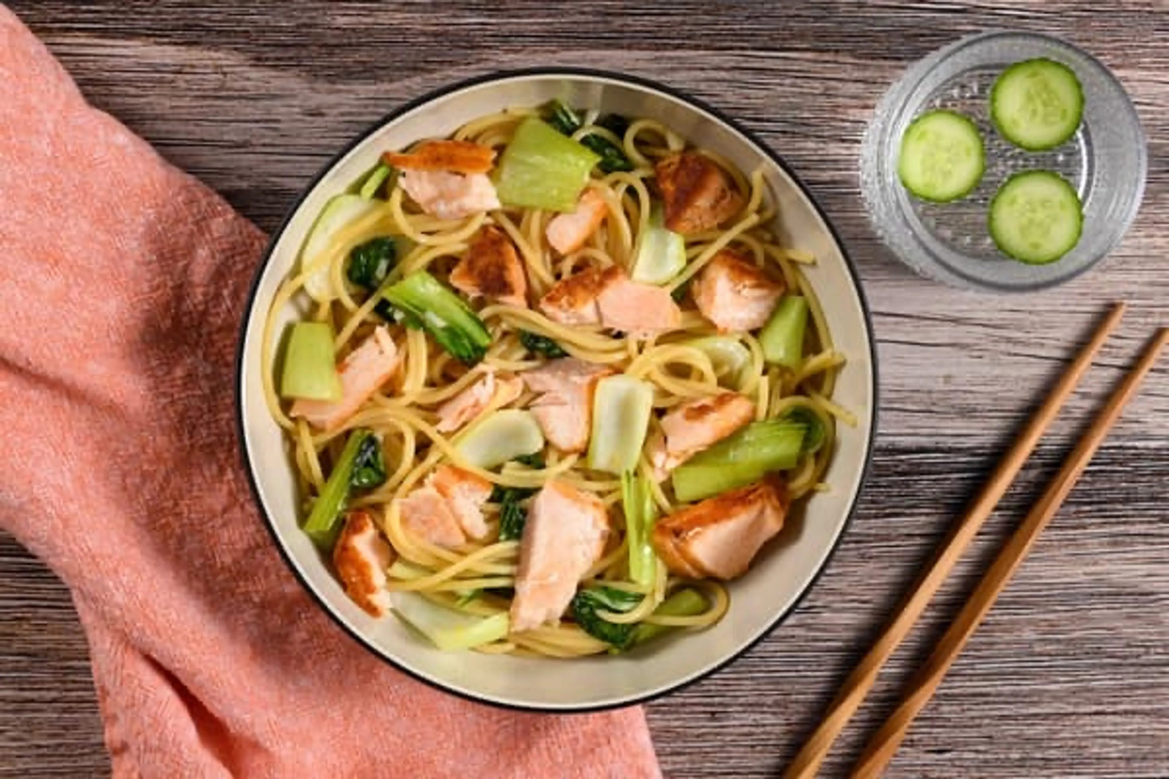 Salmon Noodle Bowl with bok choy