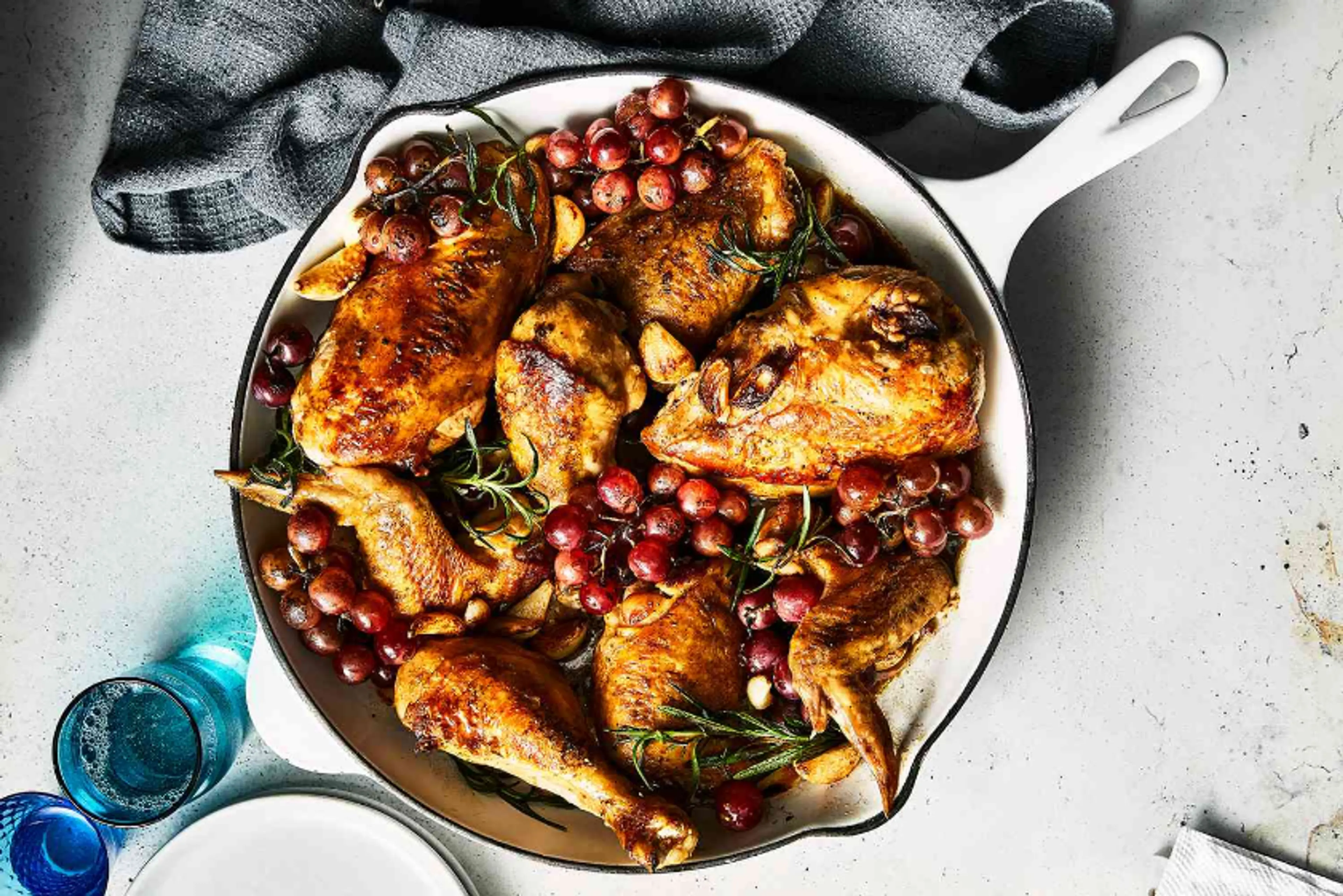 Pan-Roasted Chicken with Grapes, Garlic, and Rosemary