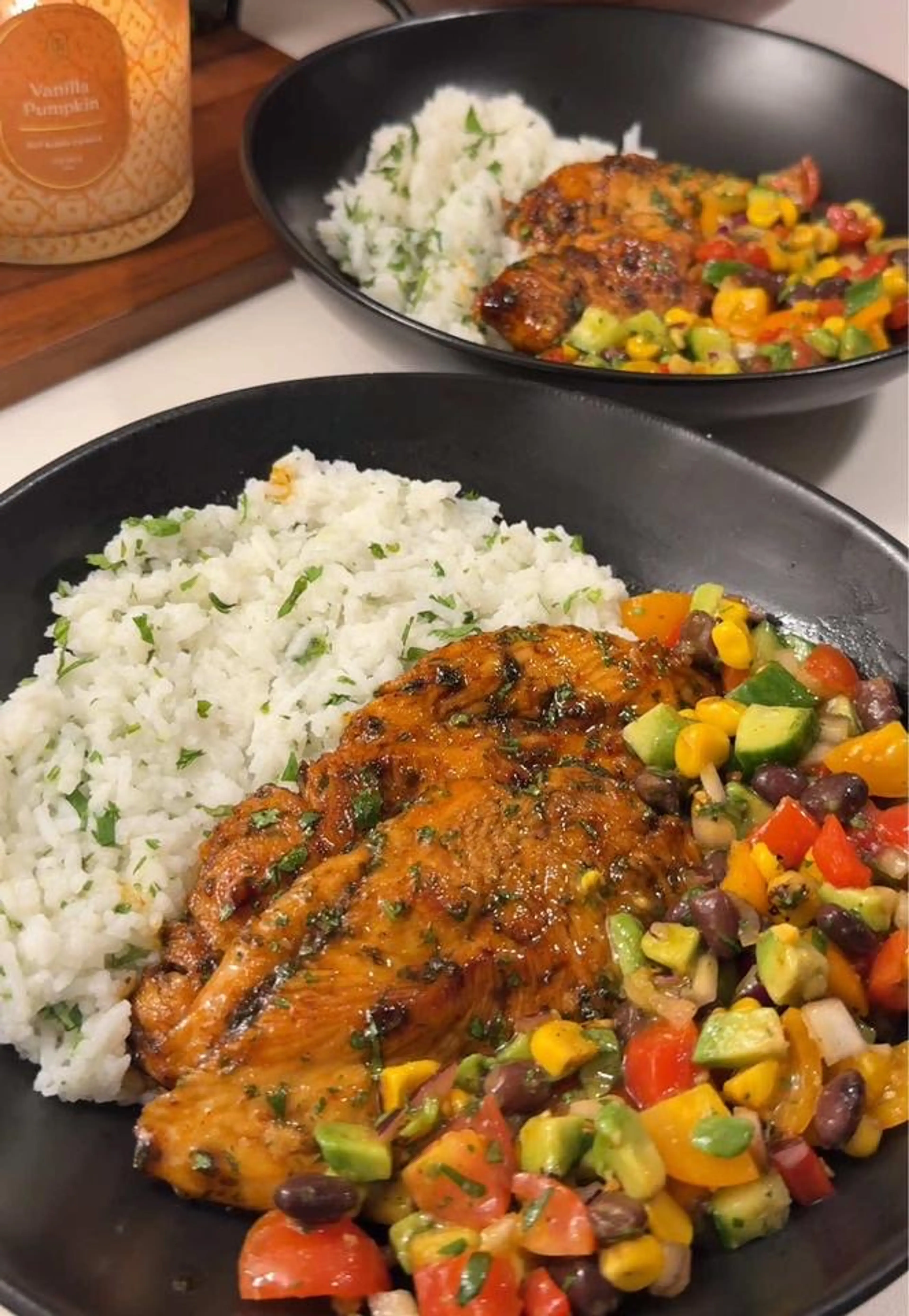 Honey Cilantro Lime Chicken & Avocado Corn Tomato Salad