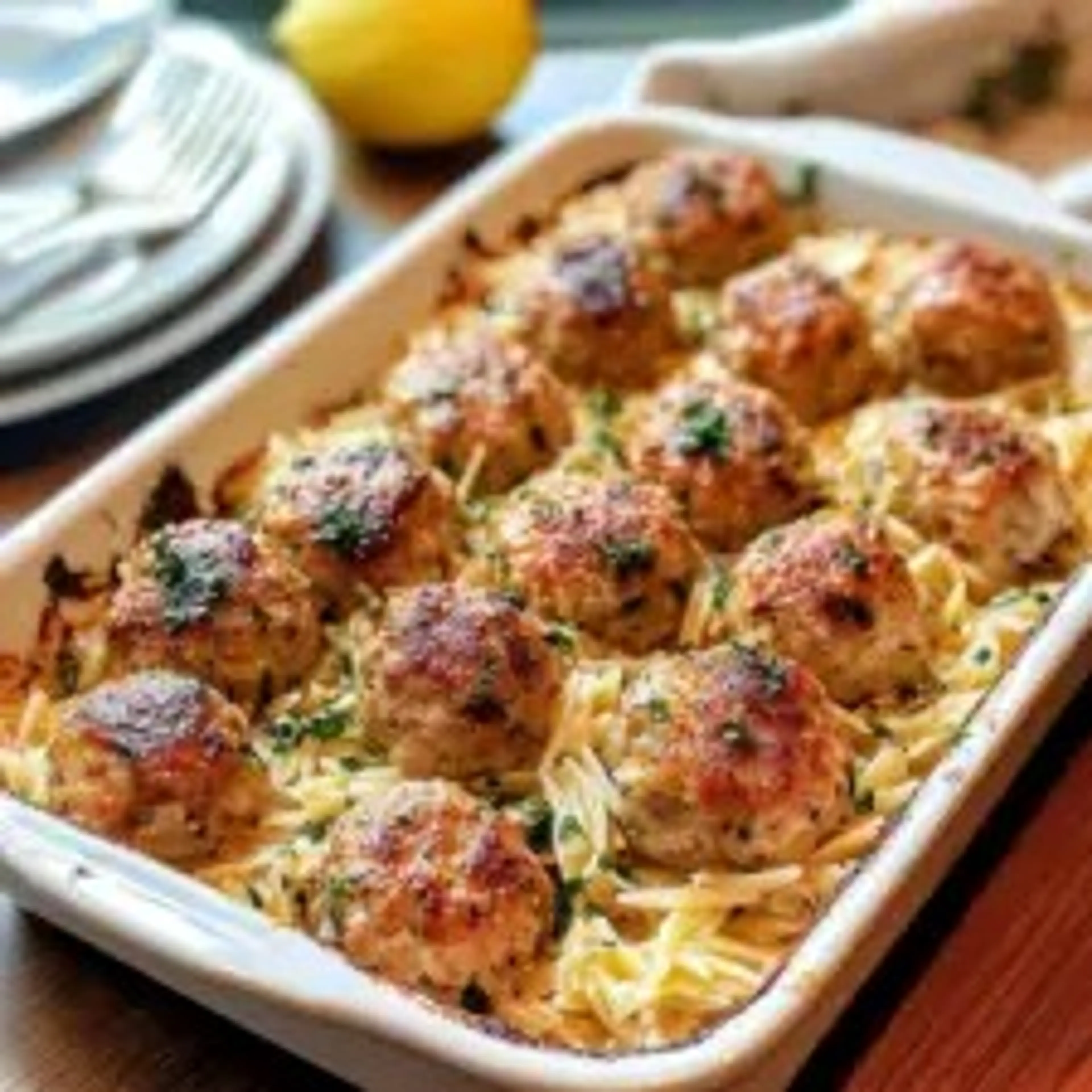 Greek Chicken Meatballs with Lemon Orzo