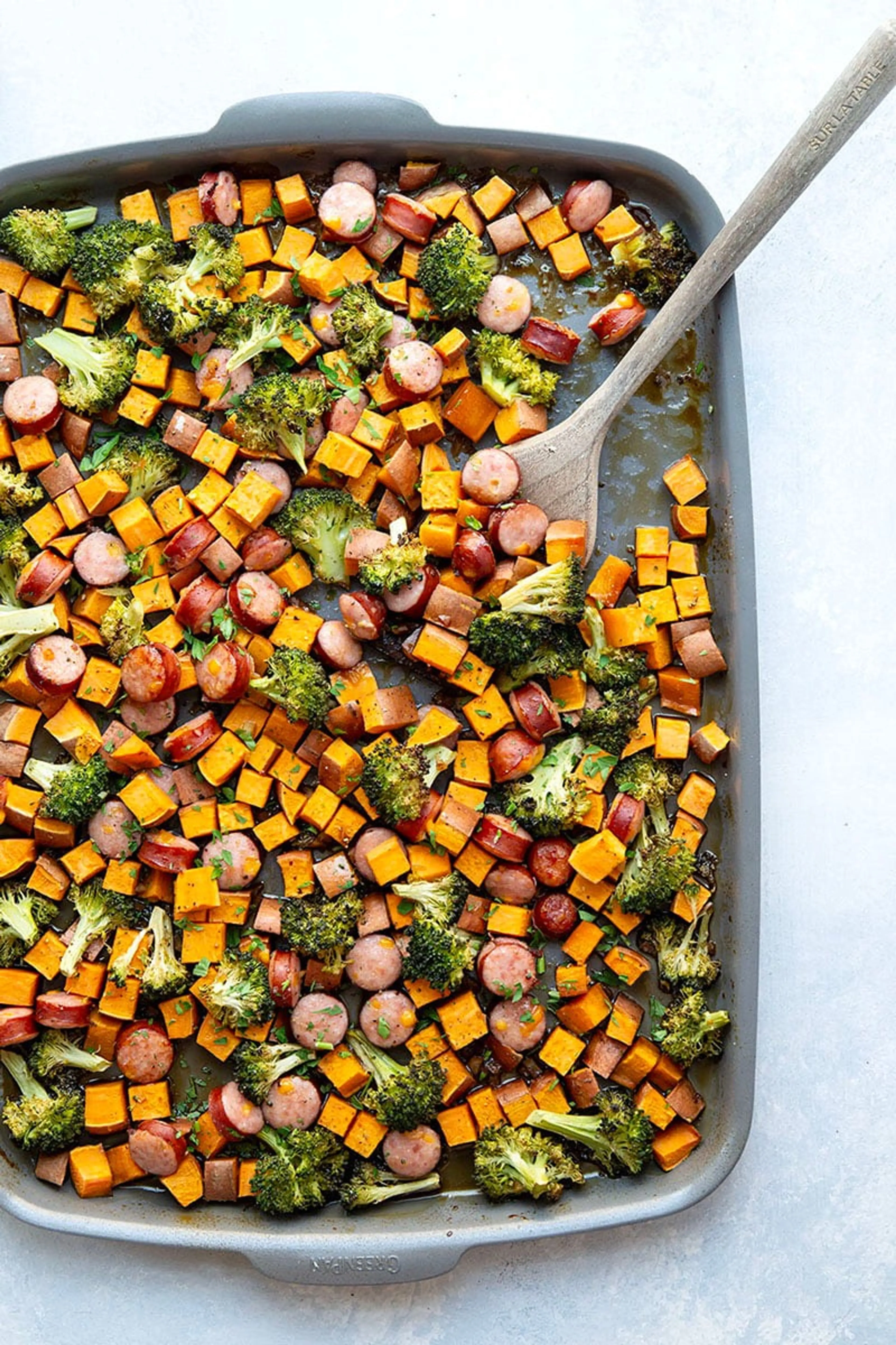 Sheet Pan Sausage and Sweet Potatoes with Honey Garlic Sauce