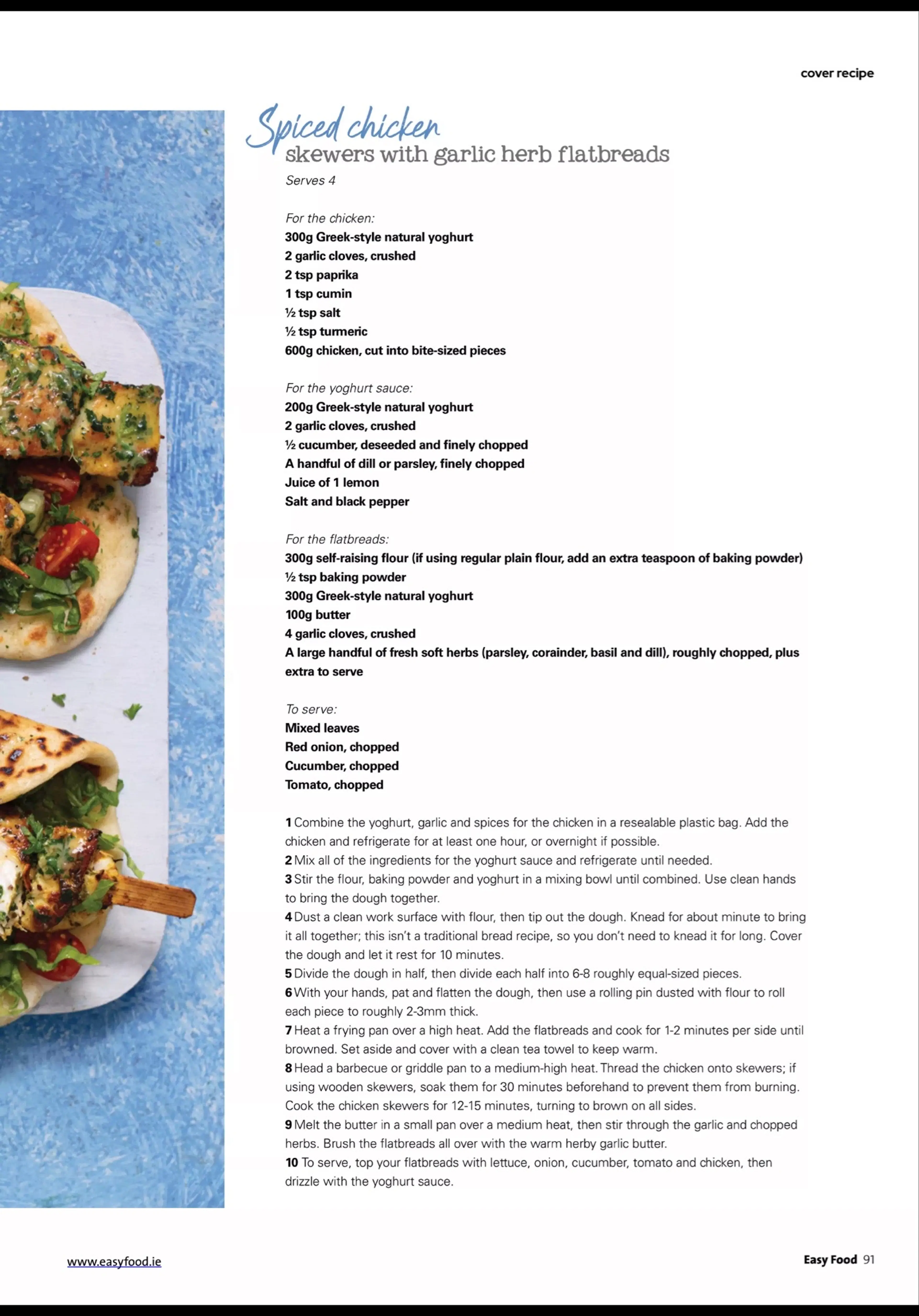 Spiced chicken skewers with garlic herb flatbreads