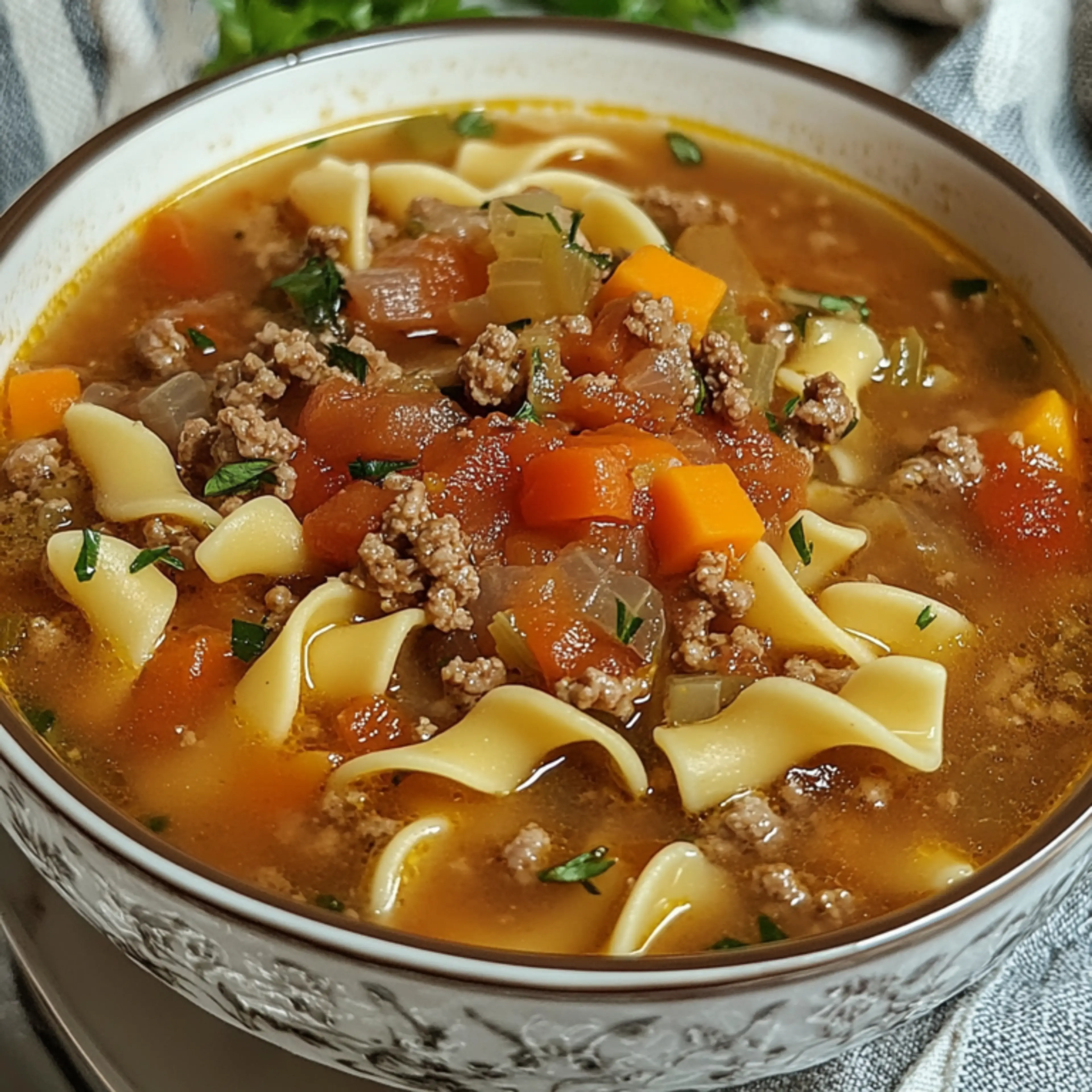 Hamburger Noodle Soup with Tomatoes and Parmesan