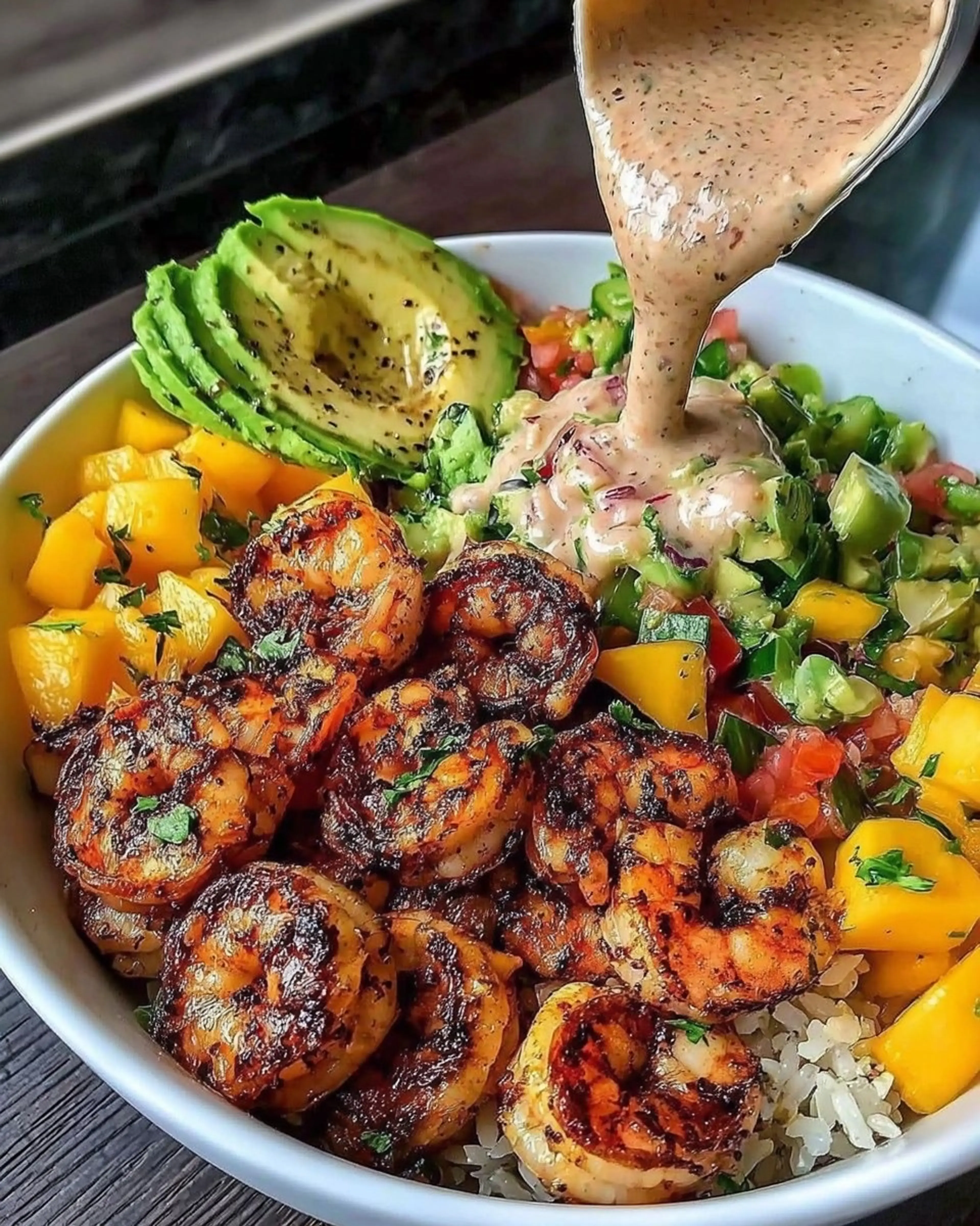 Shrimp and Avocado Bowls with Mango Salsa & Lime-chili Sauce