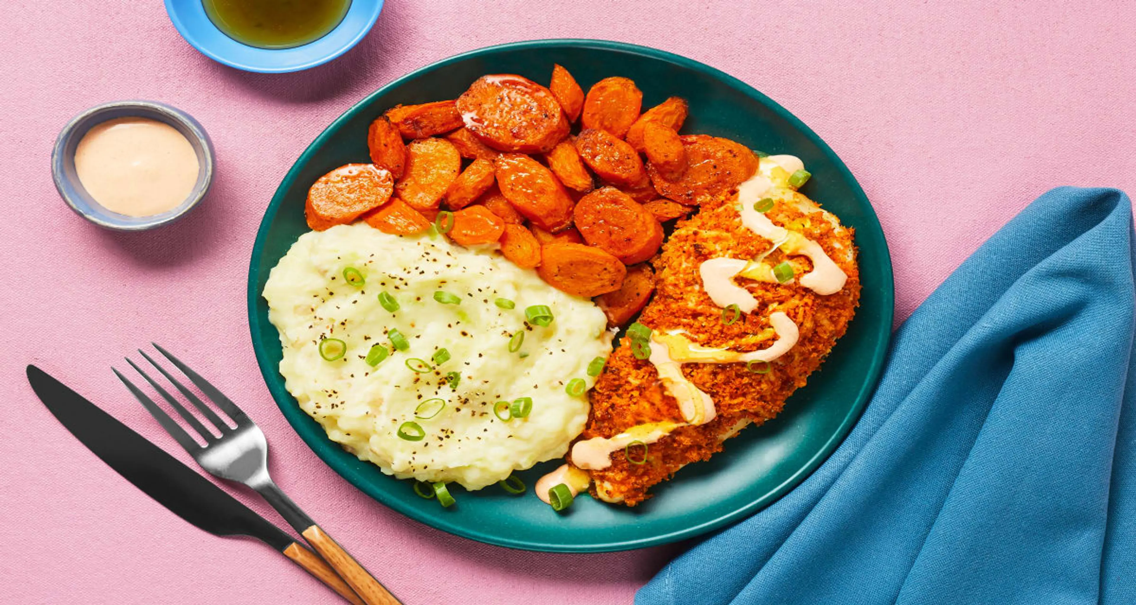 Crispy Kickin’ Cayenne Chicken Cutlets with Mashed Potatoes,