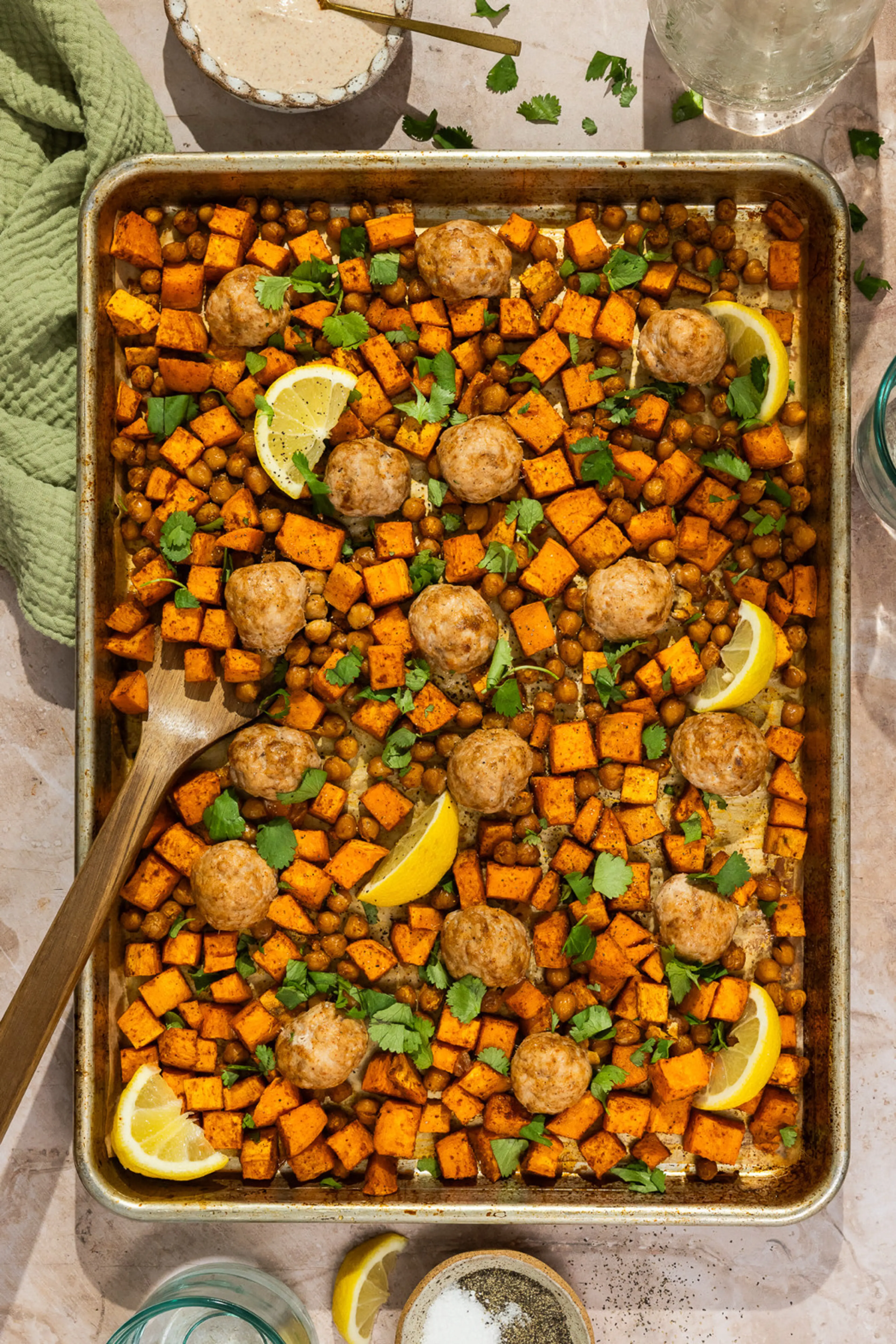 SPICED VEGGIE AND TURKEY MEATBALL SHEET PAN WITH YOGURT SAUC
