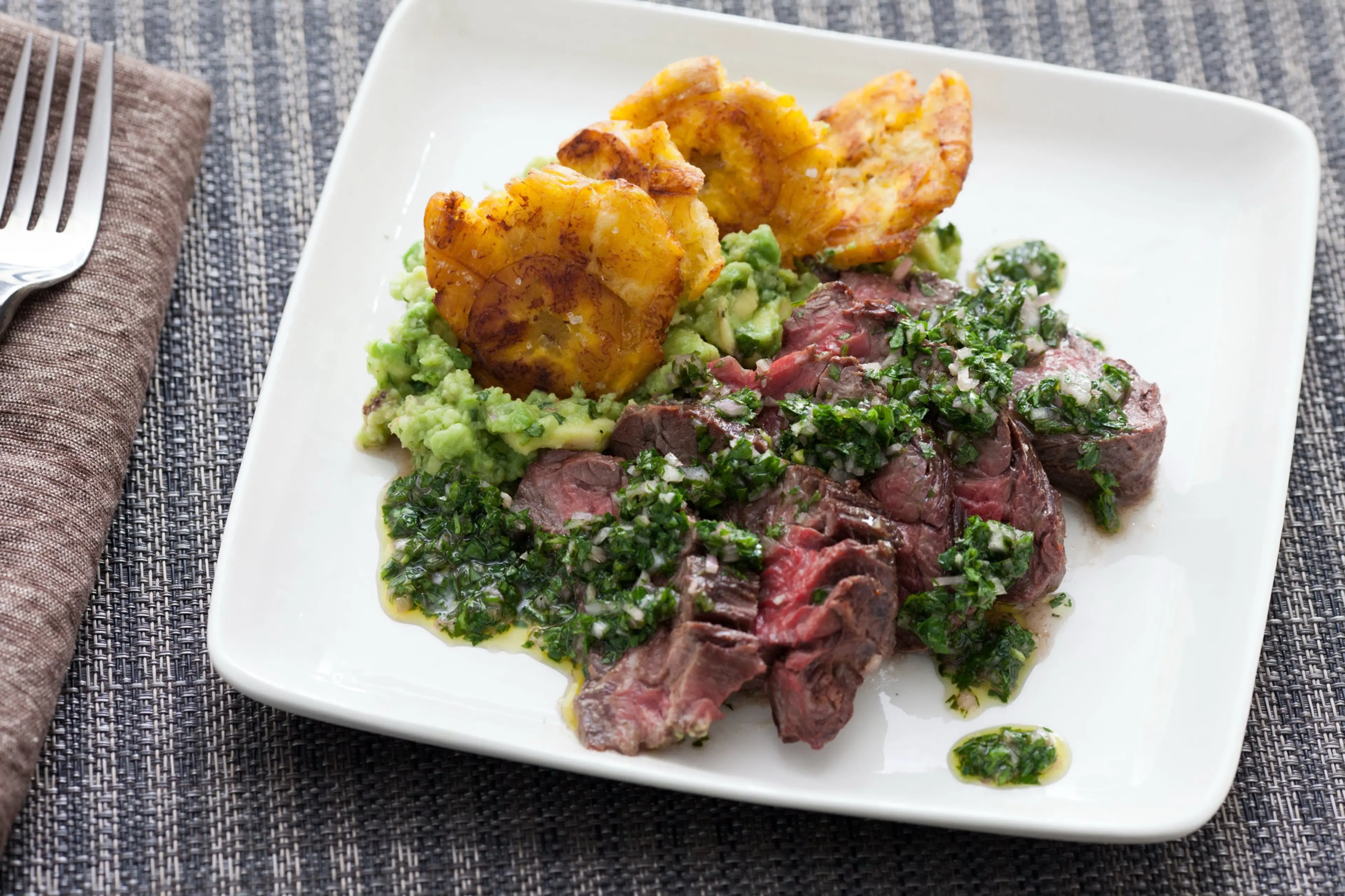 Hanger Steak with Salsa Verde & Plantains