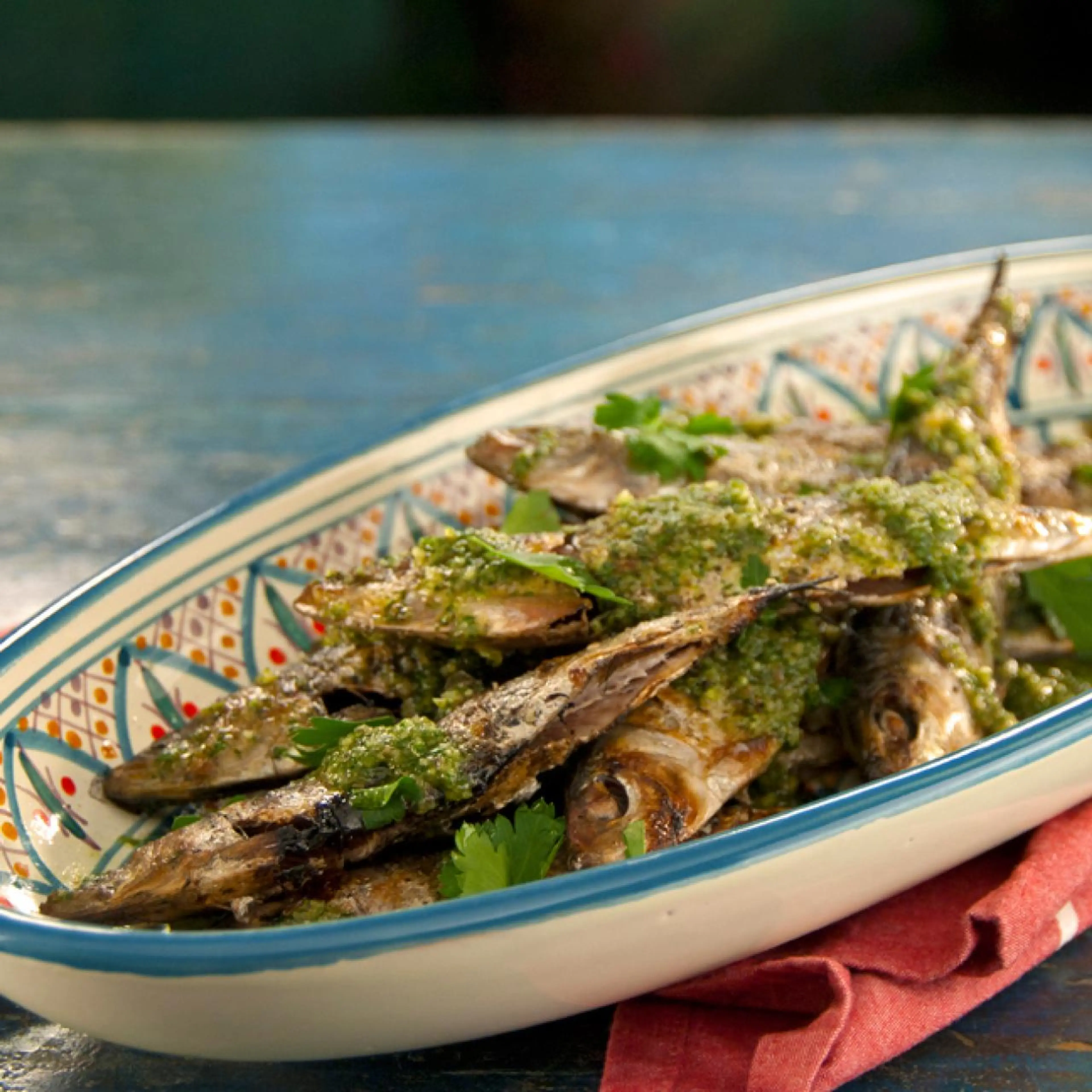 Grilled Sardines with Garlic Walnut Sauce