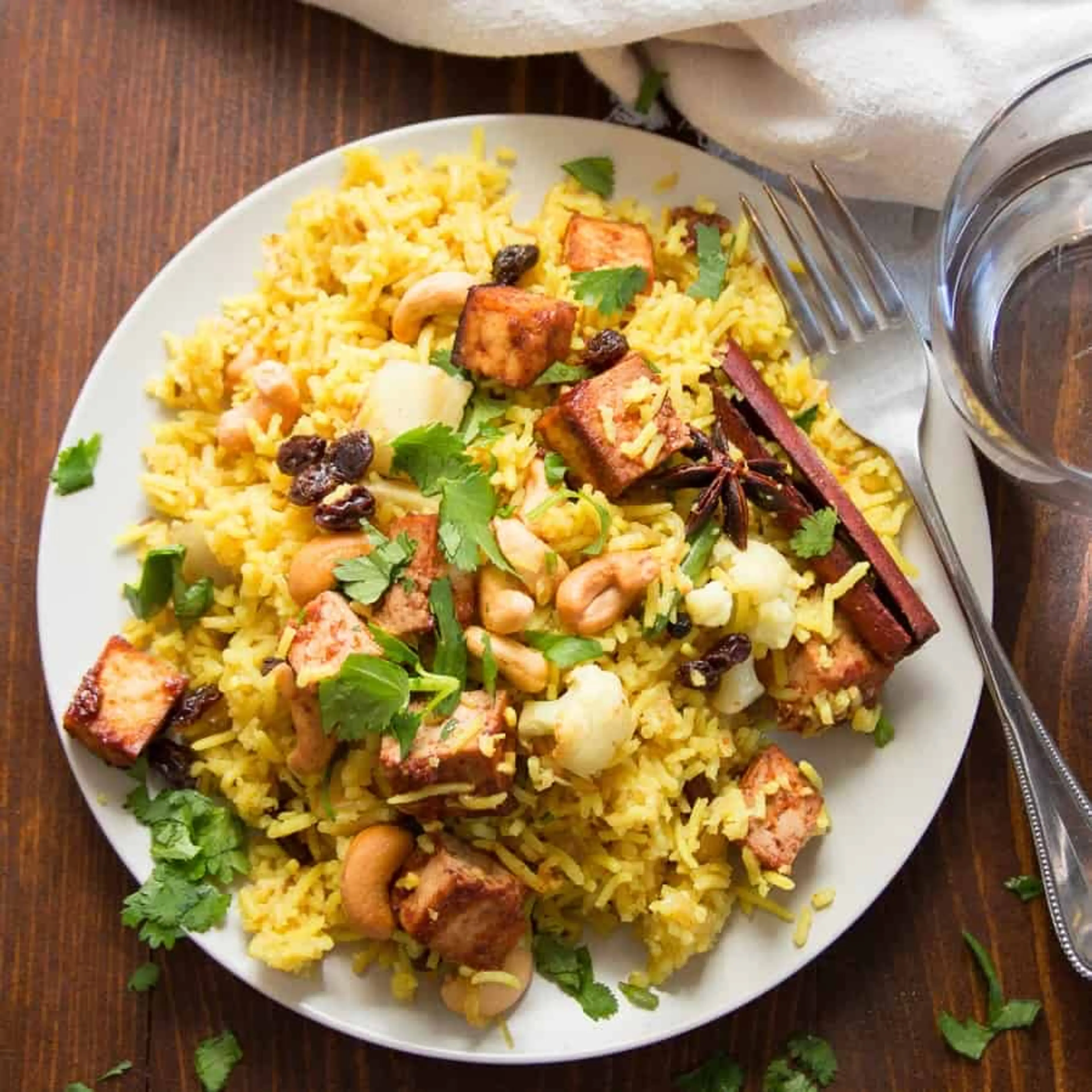 Vegan Biryani with Roasted Vegetables & Baked Tofu