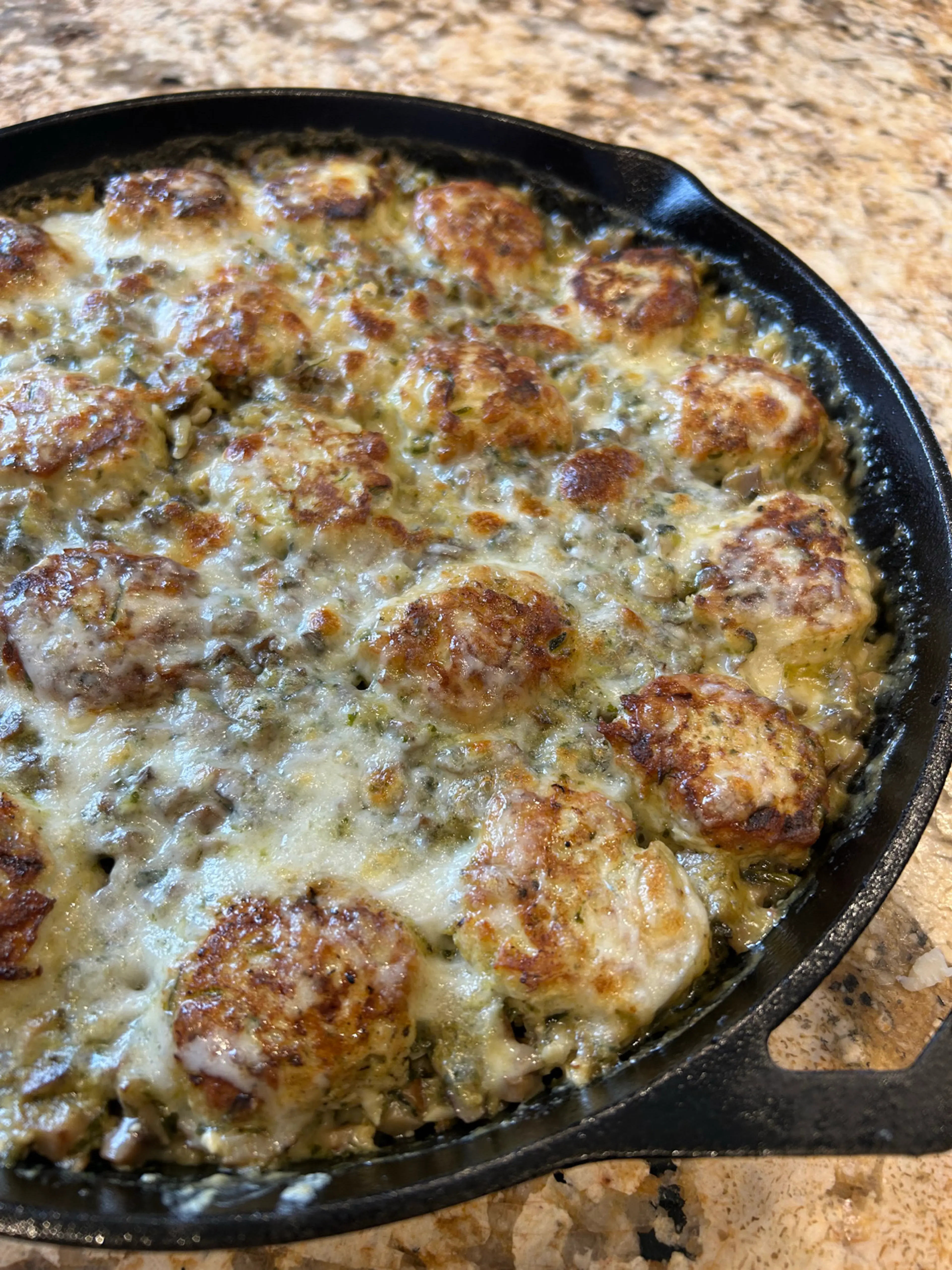 One Pan Baked Pesto Orzo with Chicken Meatballs