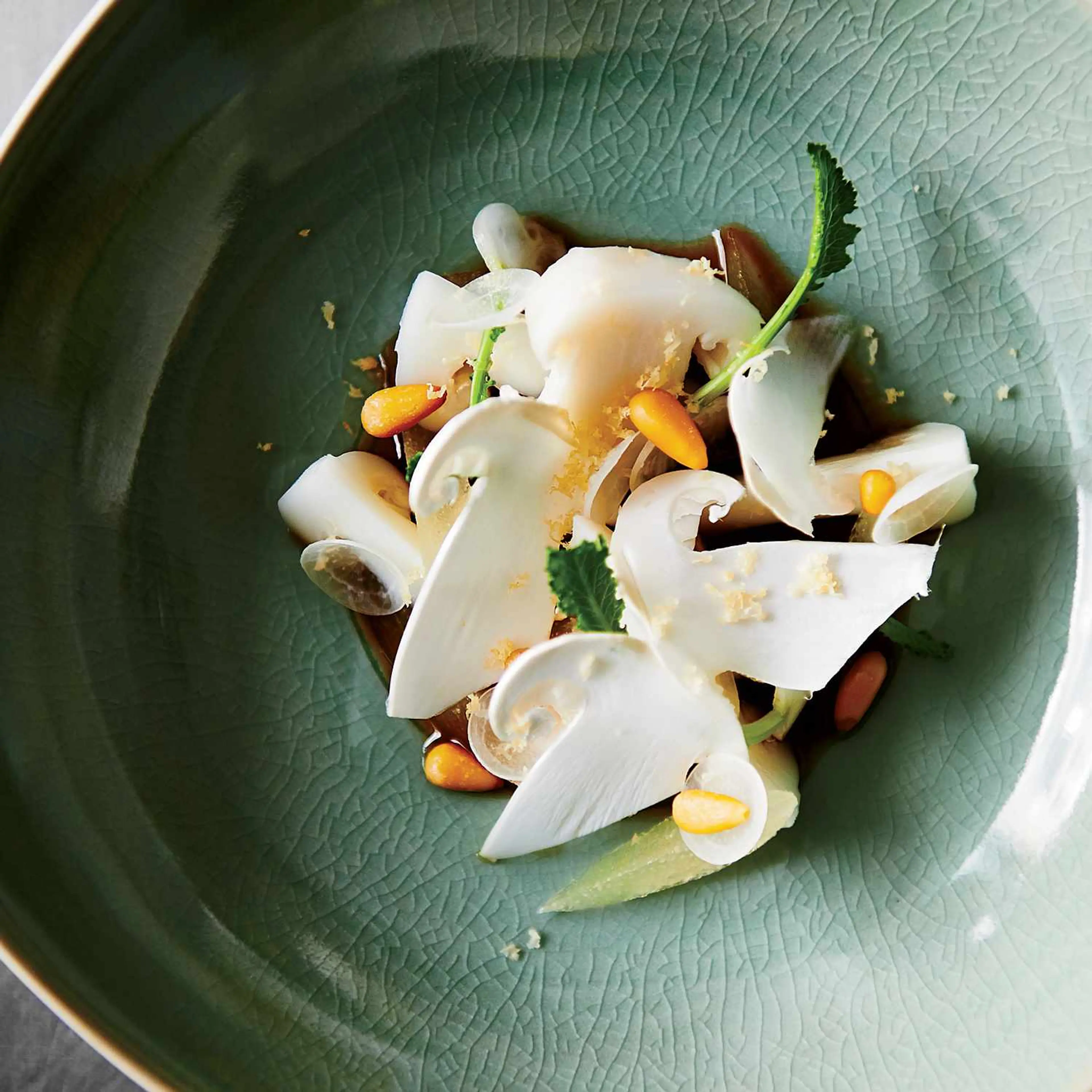 Marinated Pine Mushrooms with Asian Pear and Pine Nuts