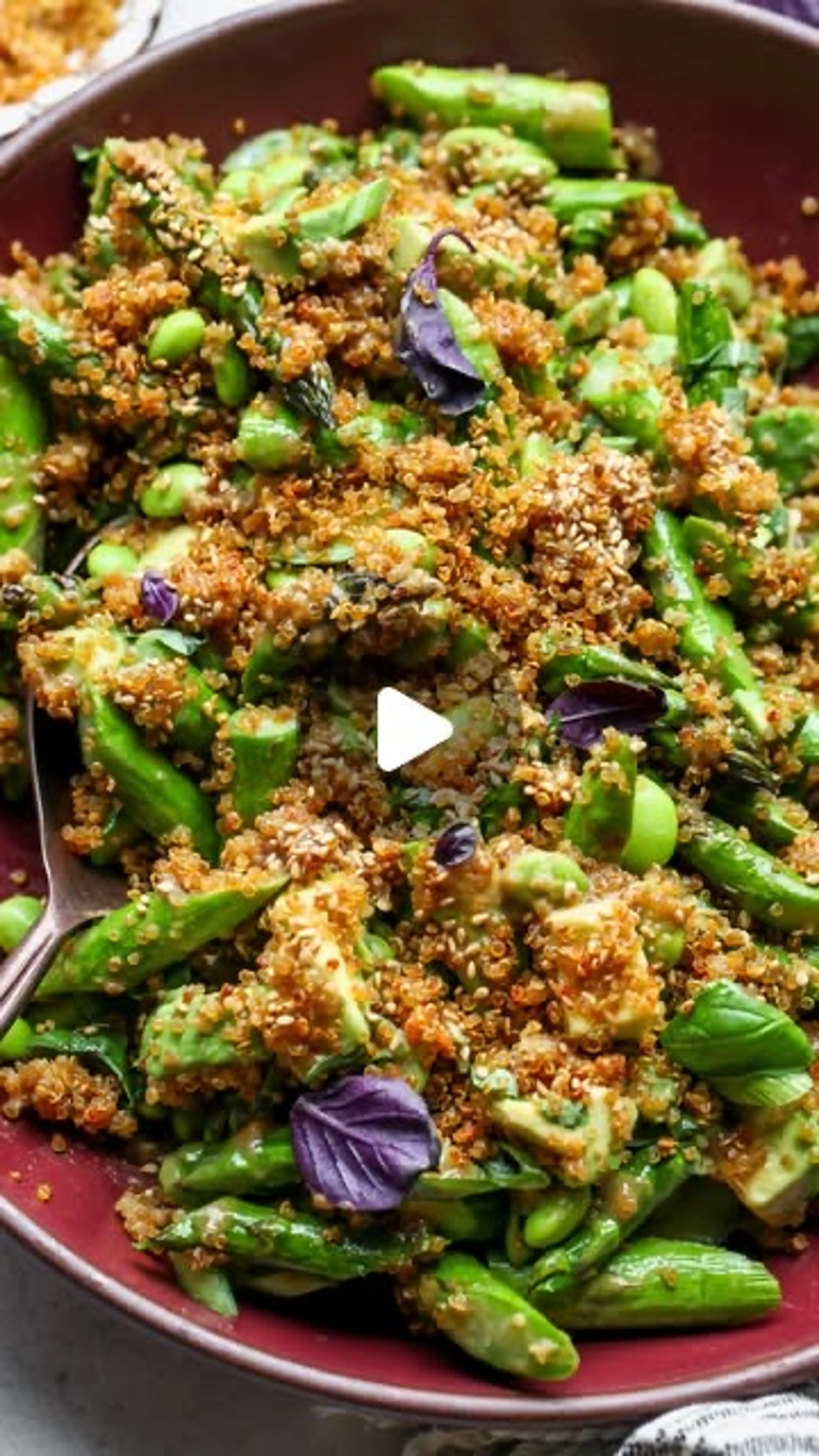 Crispy Roasted Quinoa and Asparagus Salad with Edamame, Avoc