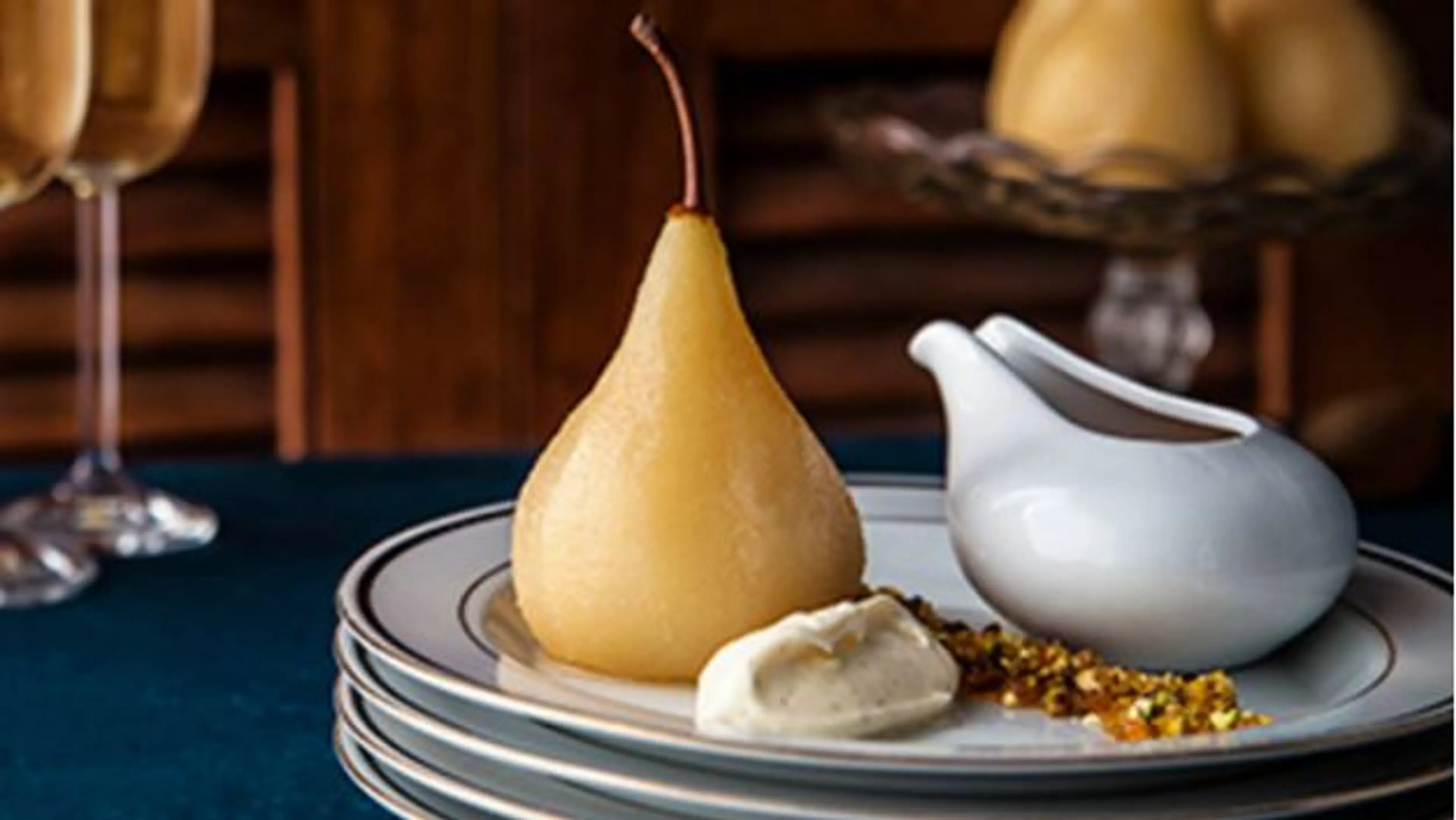 Poached pears with vanilla mascarpone and pistachio praline
