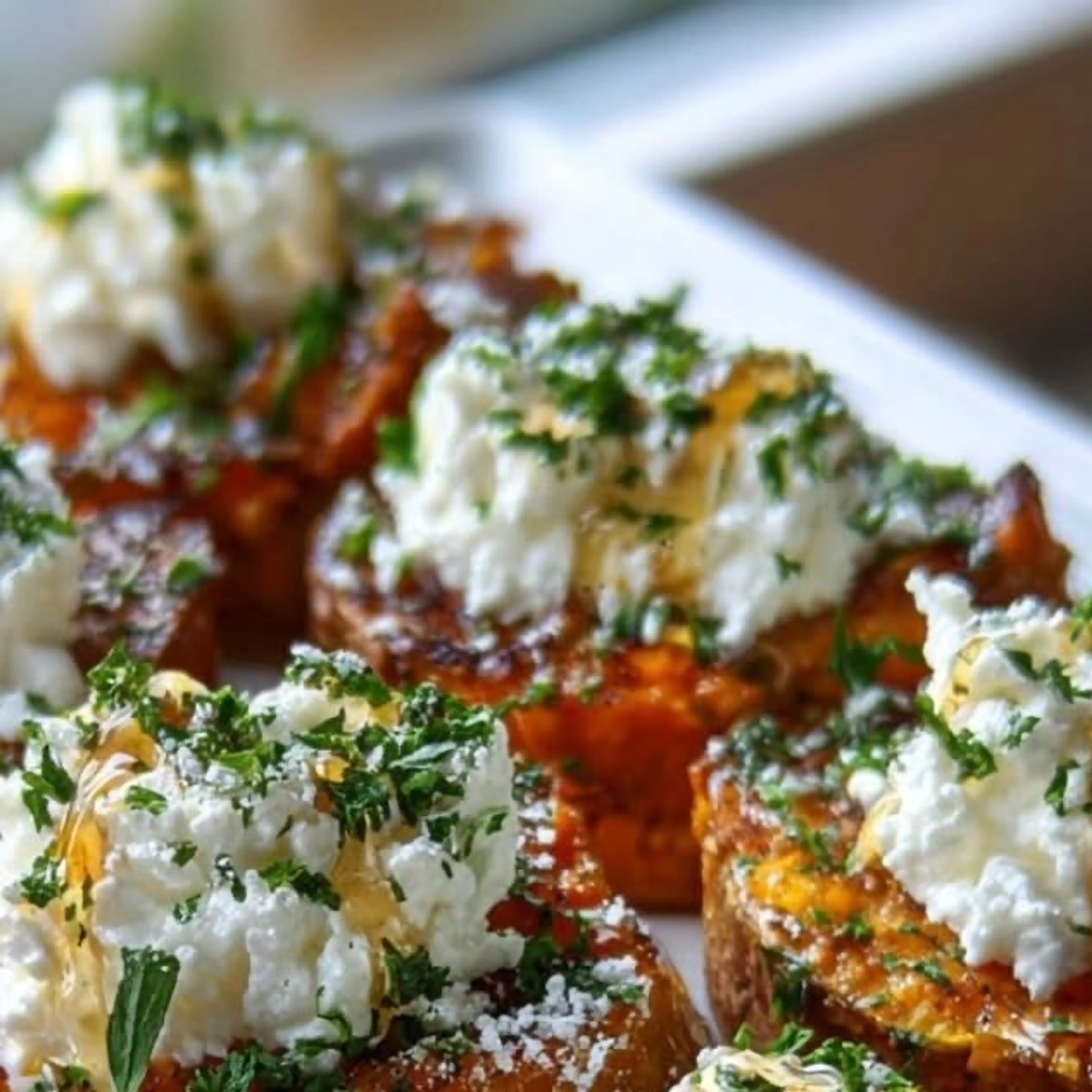 Golden Smashed Sweet Potatoes with Whipped Feta & Lemon