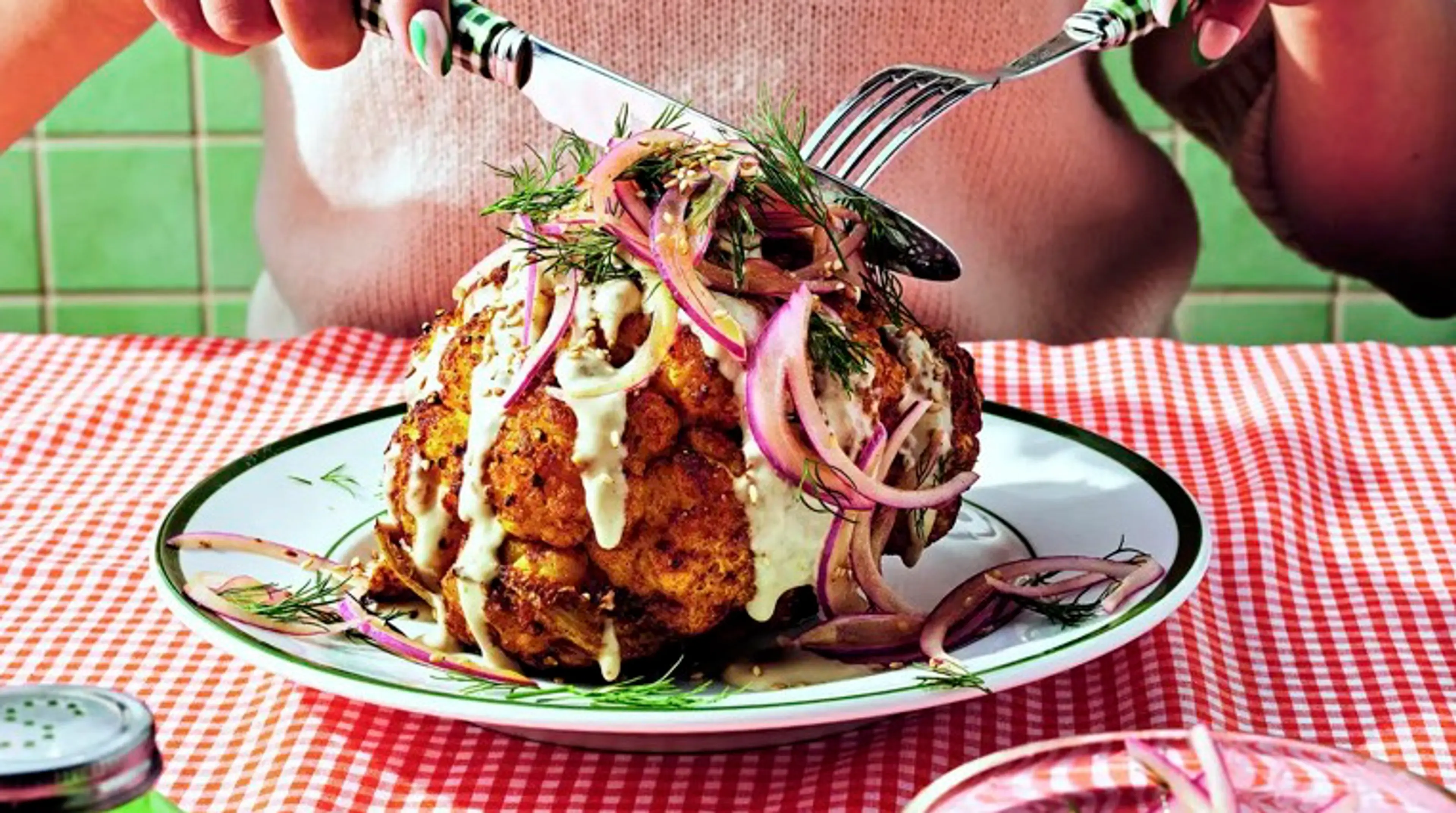 Shawarma-Spiced Whole Roasted Cauliflower with Garlicky Tahi
