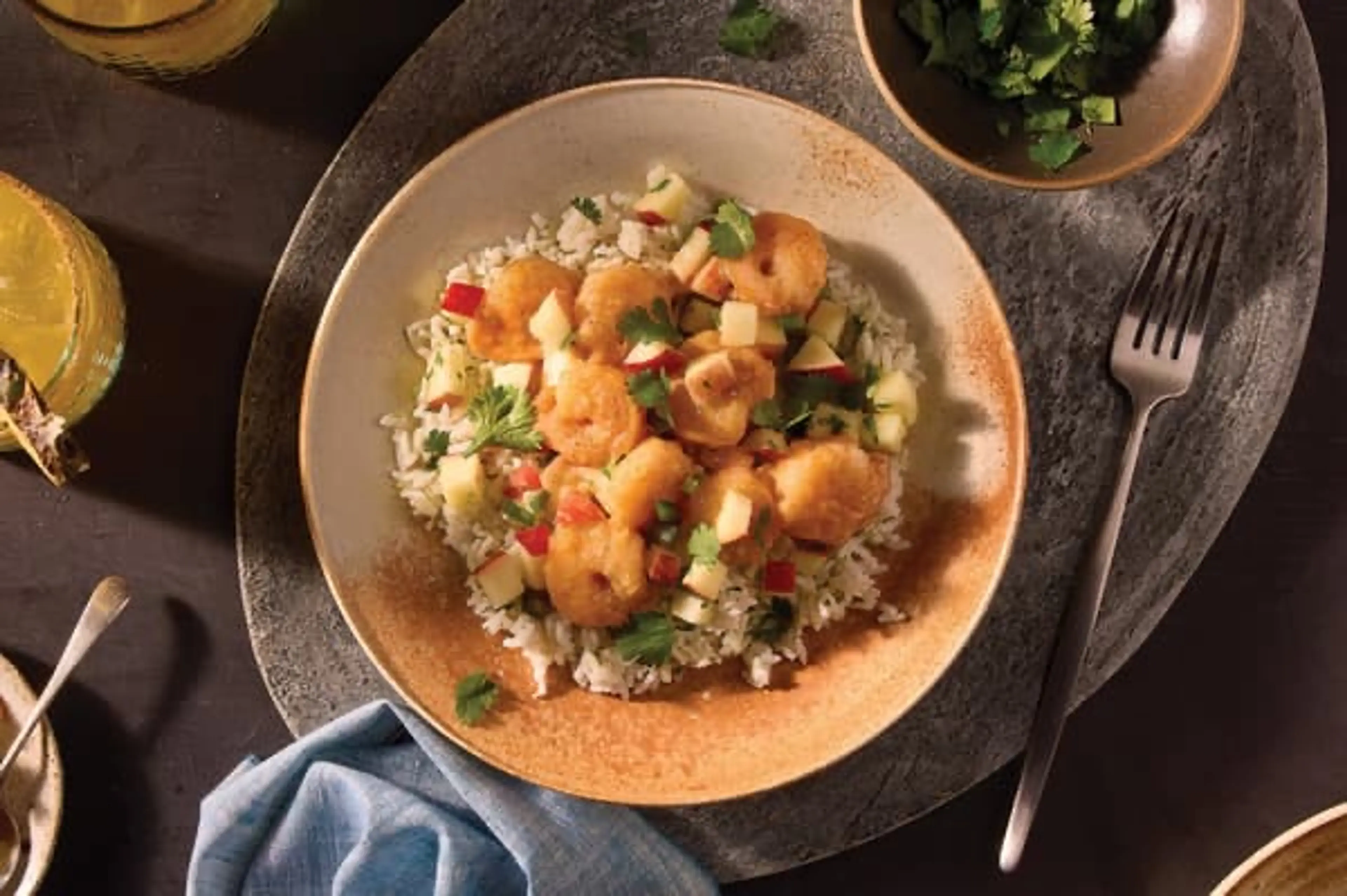 Sweet Chili Shrimp with apple-jalapeño salad and cilantro ri