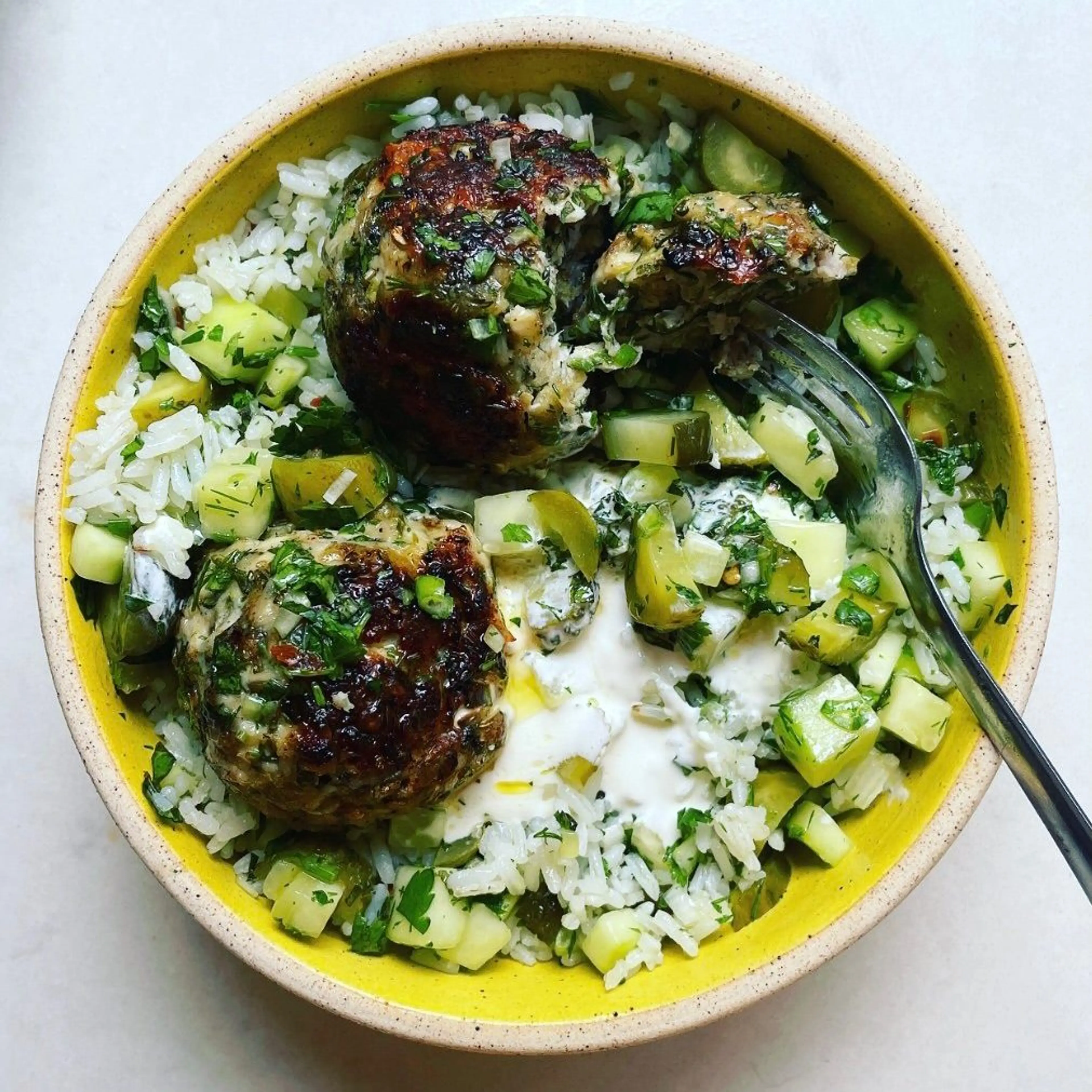 Spiced Green Meatballs with Pickle Rice and Salty Yogurt