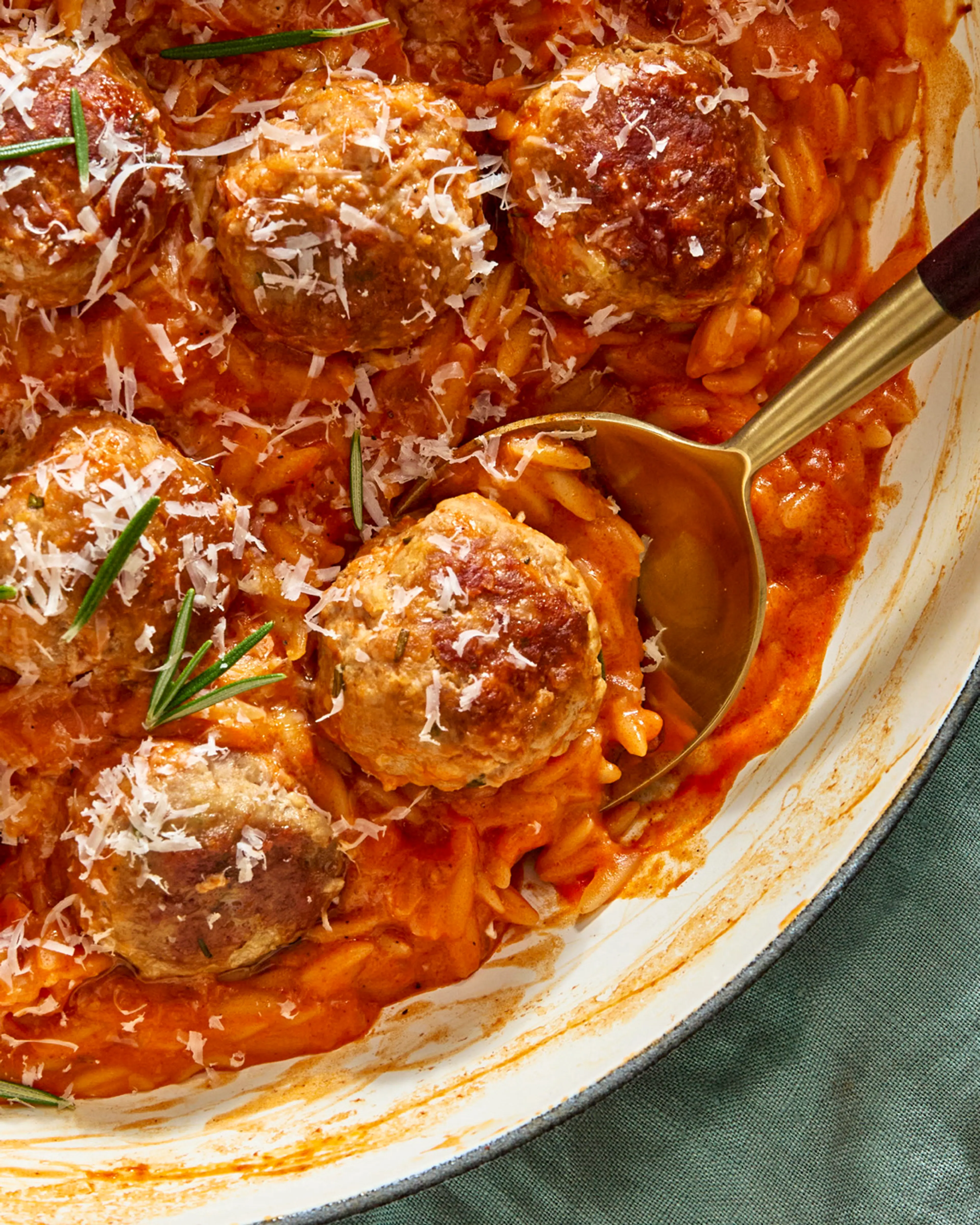 One Pan Rosemary Chicken Meatballs With Creamy Tomato Orzo