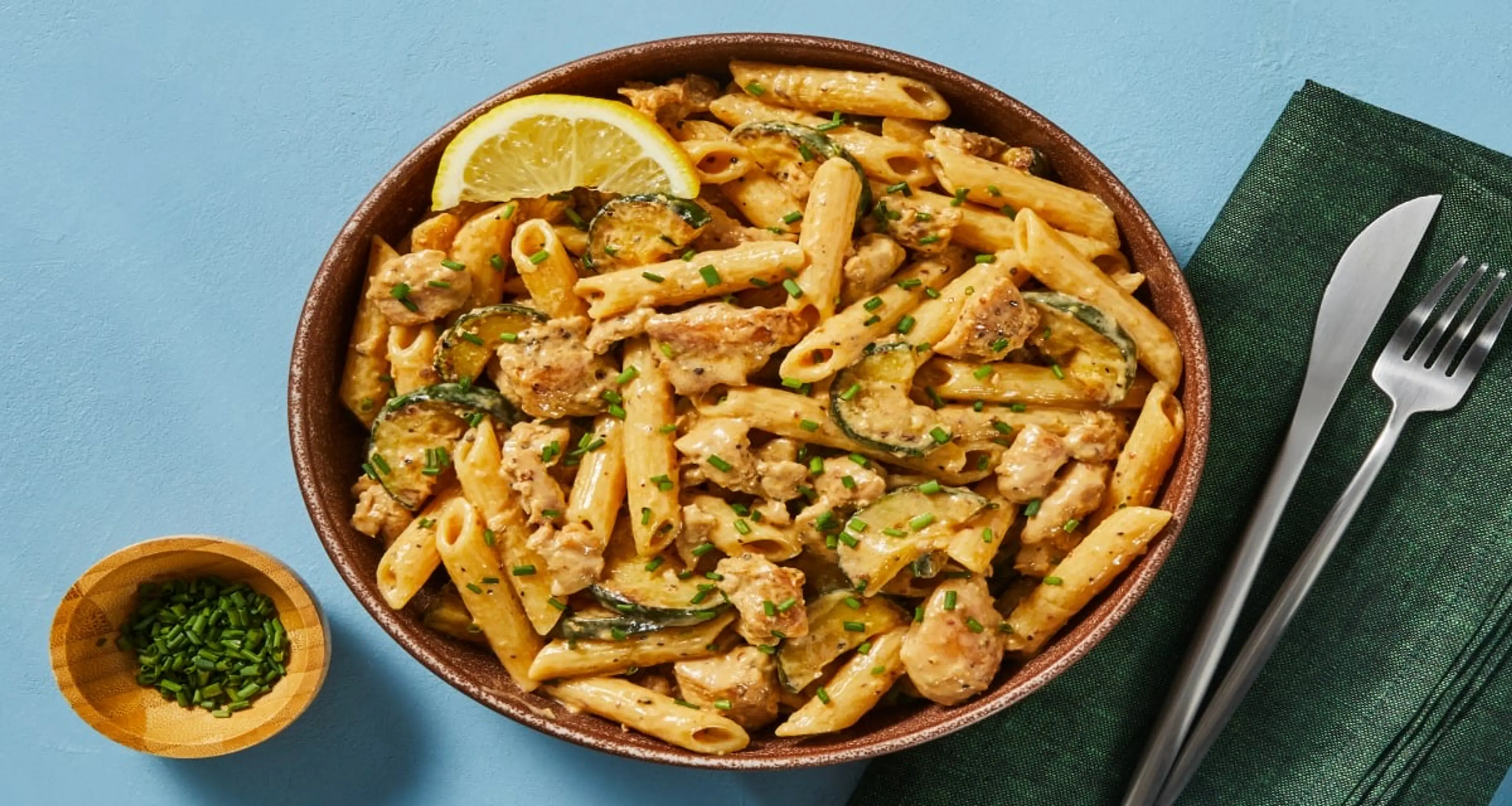 German-Style Smoky Chicken Penne with Dark Meat Chicken, Zuc