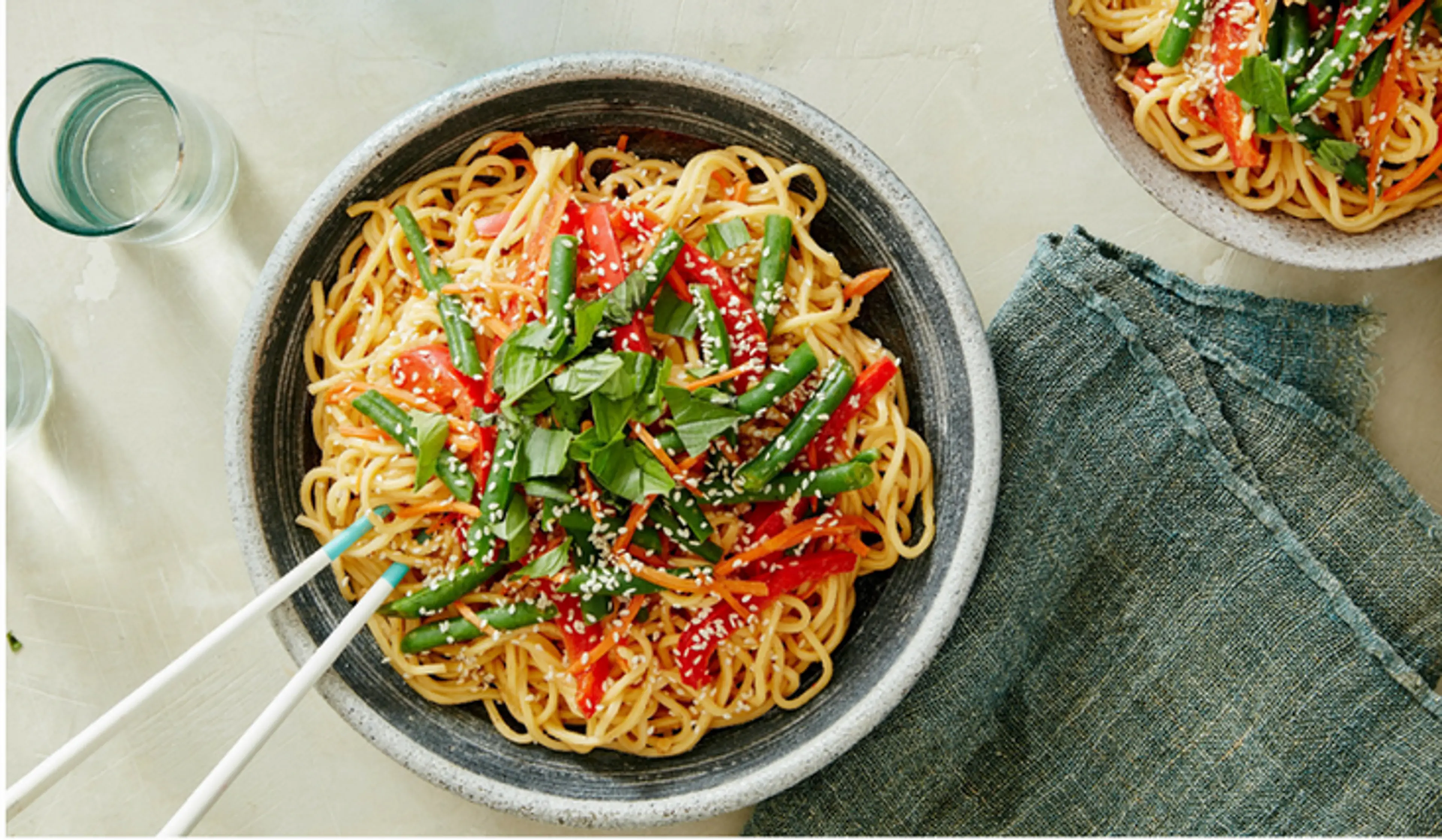 Peanut Long Life Noodles with Green Beans and Thai Basil