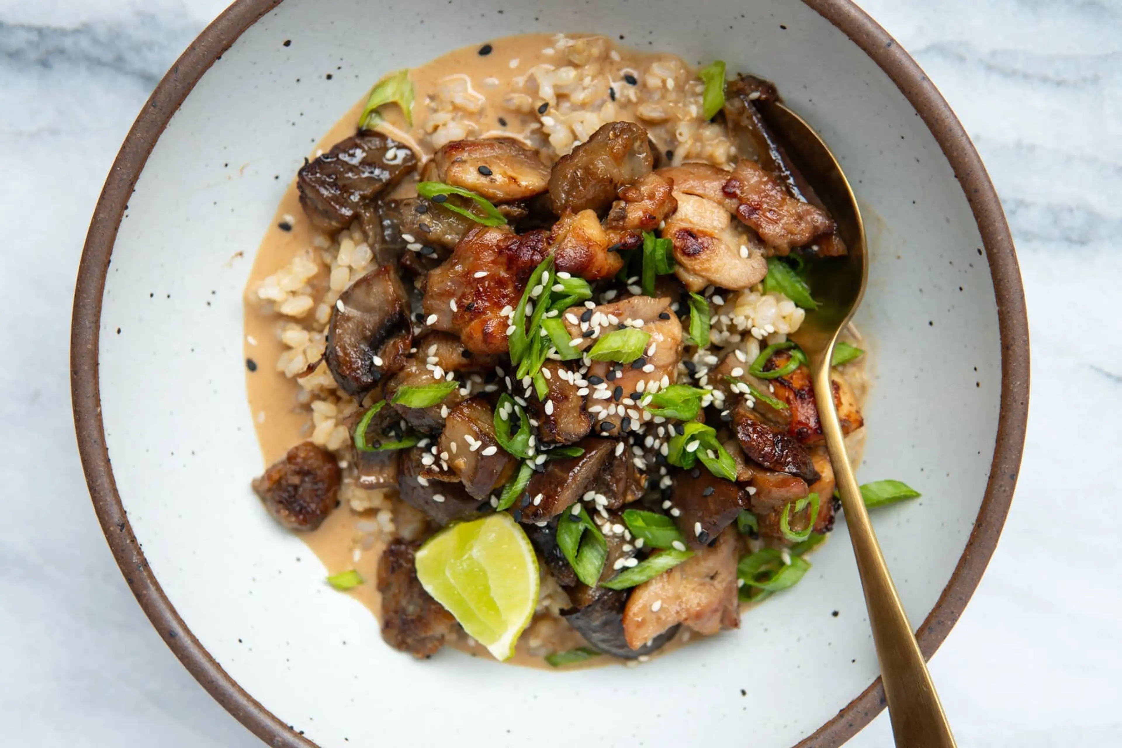 Miso Chicken and Eggplant Rice Bowls with Spicy Tahini Broth