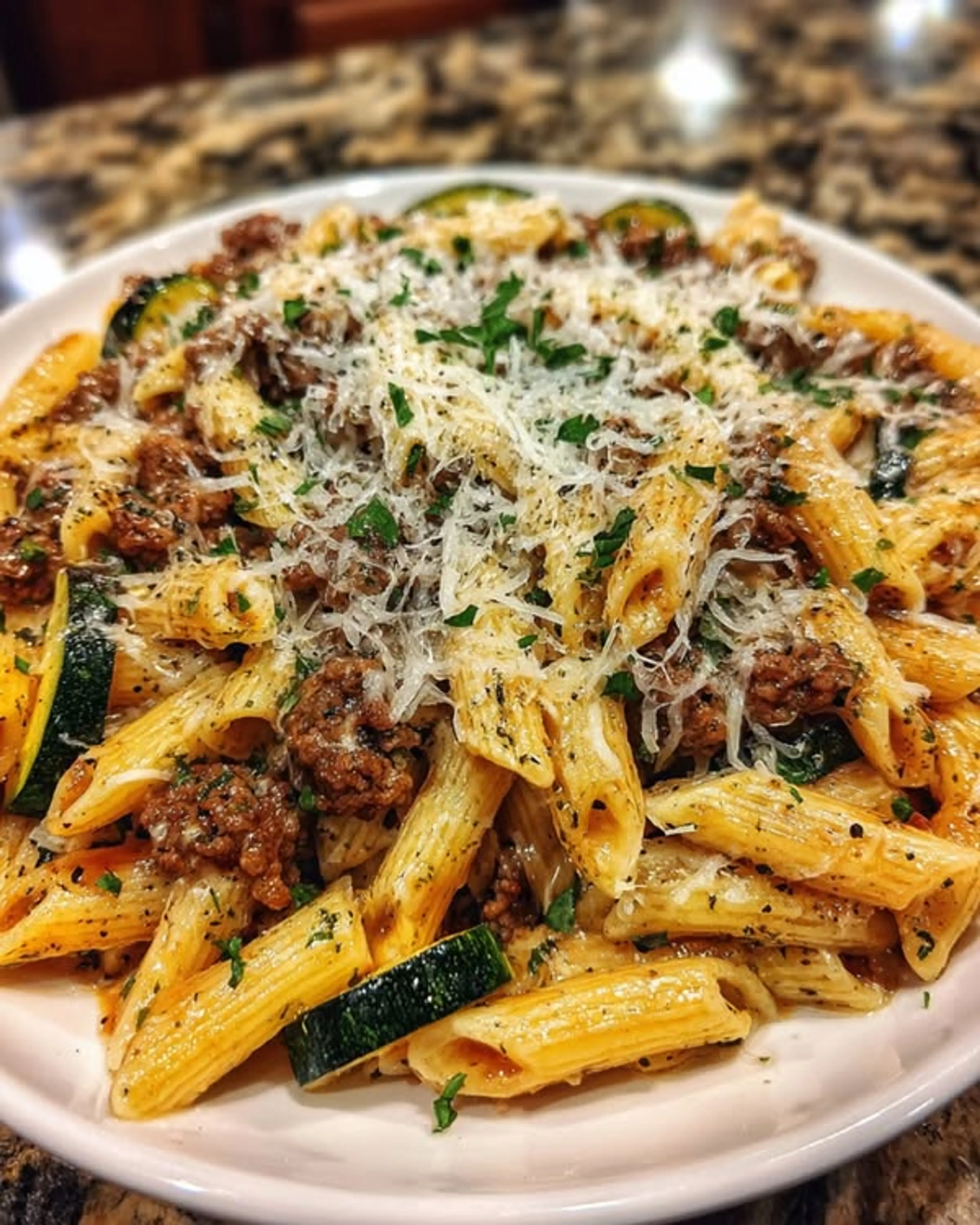 Southern Garlic Parmesan Beef Penne with Zucchini Ribbons