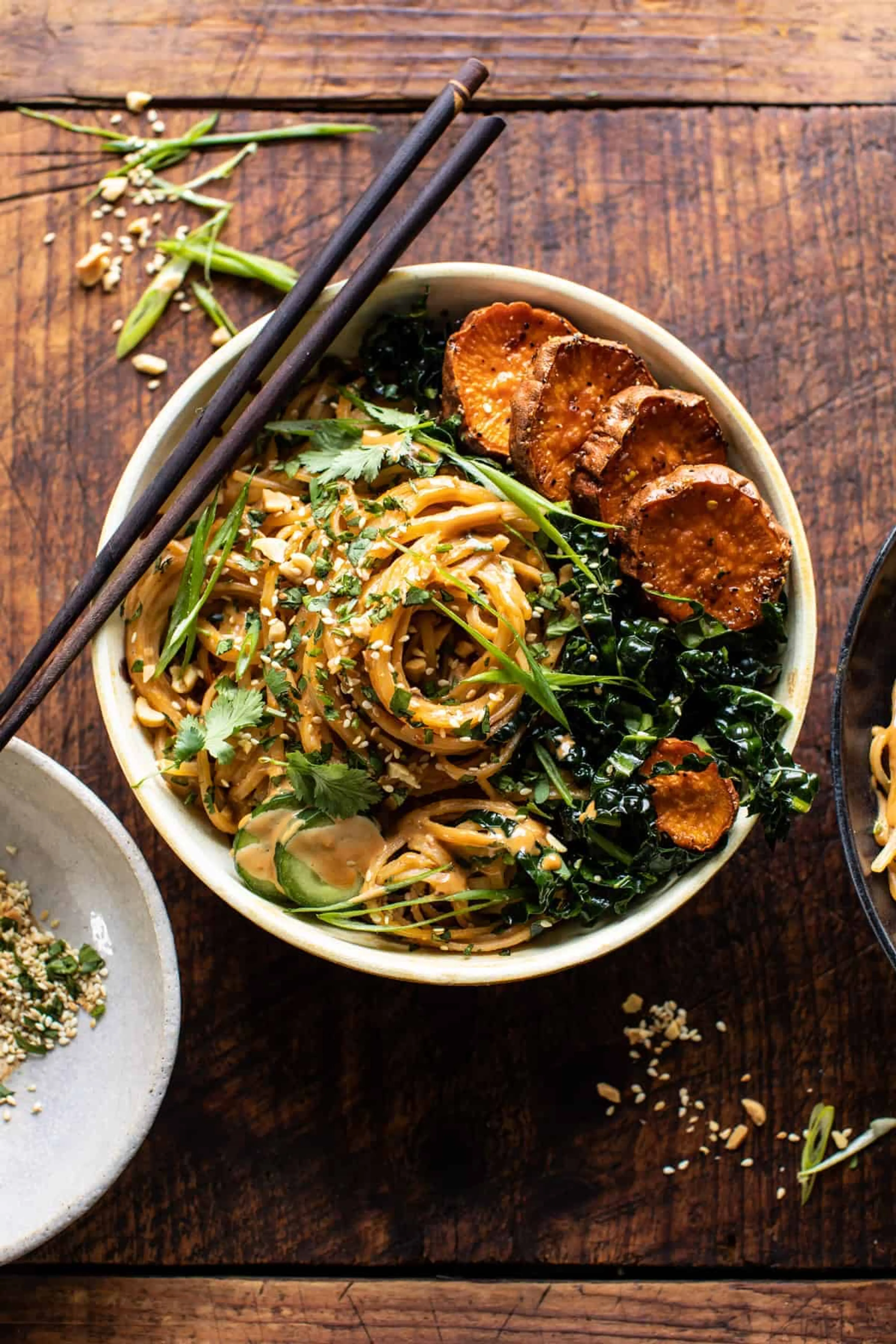 Saucy Tahini Noodles with Honey'd Sweet Potatoes