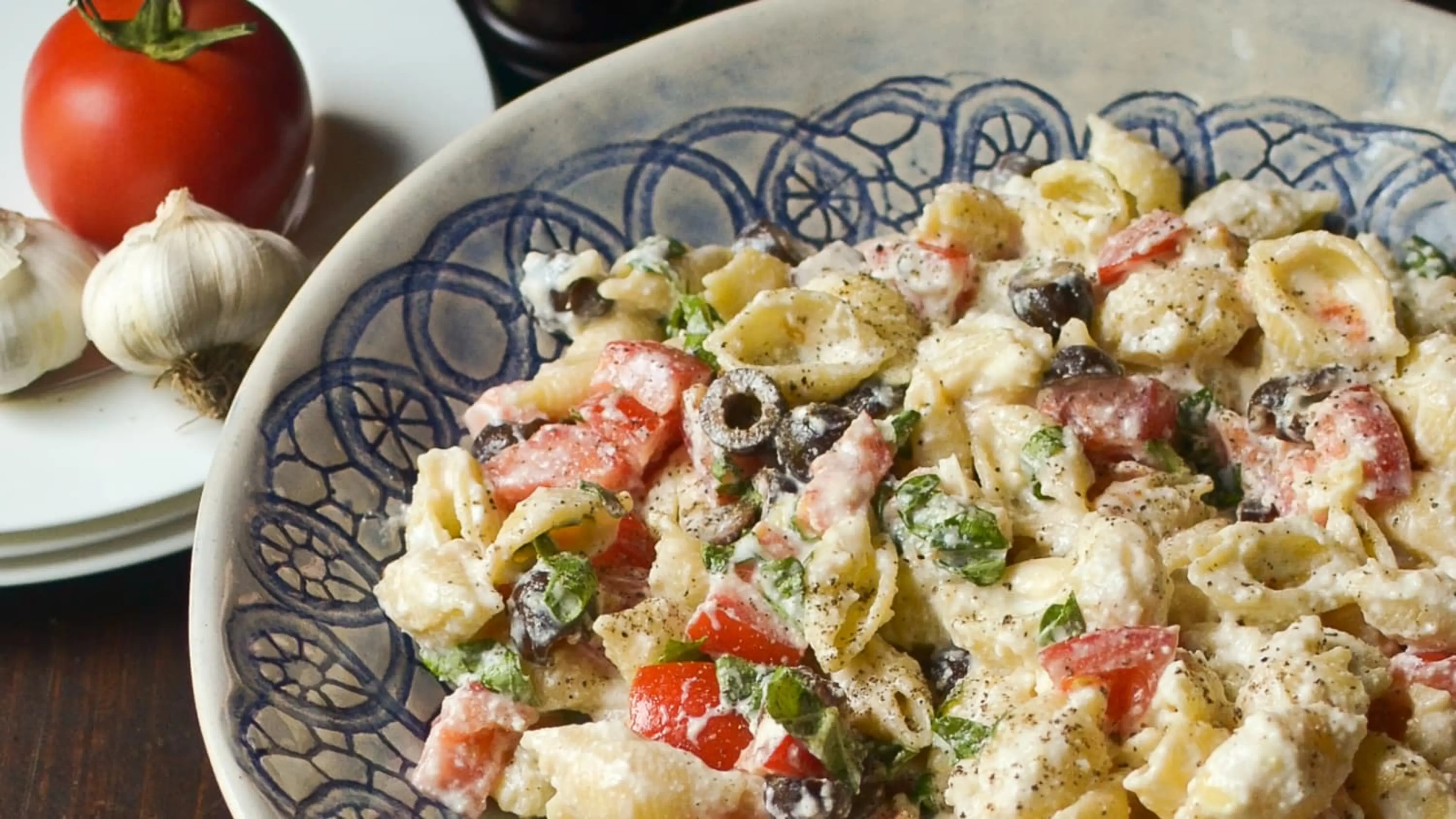 Summer Salad Recipe: Roasted Garlic, Olive & Tomato Pasta Sa