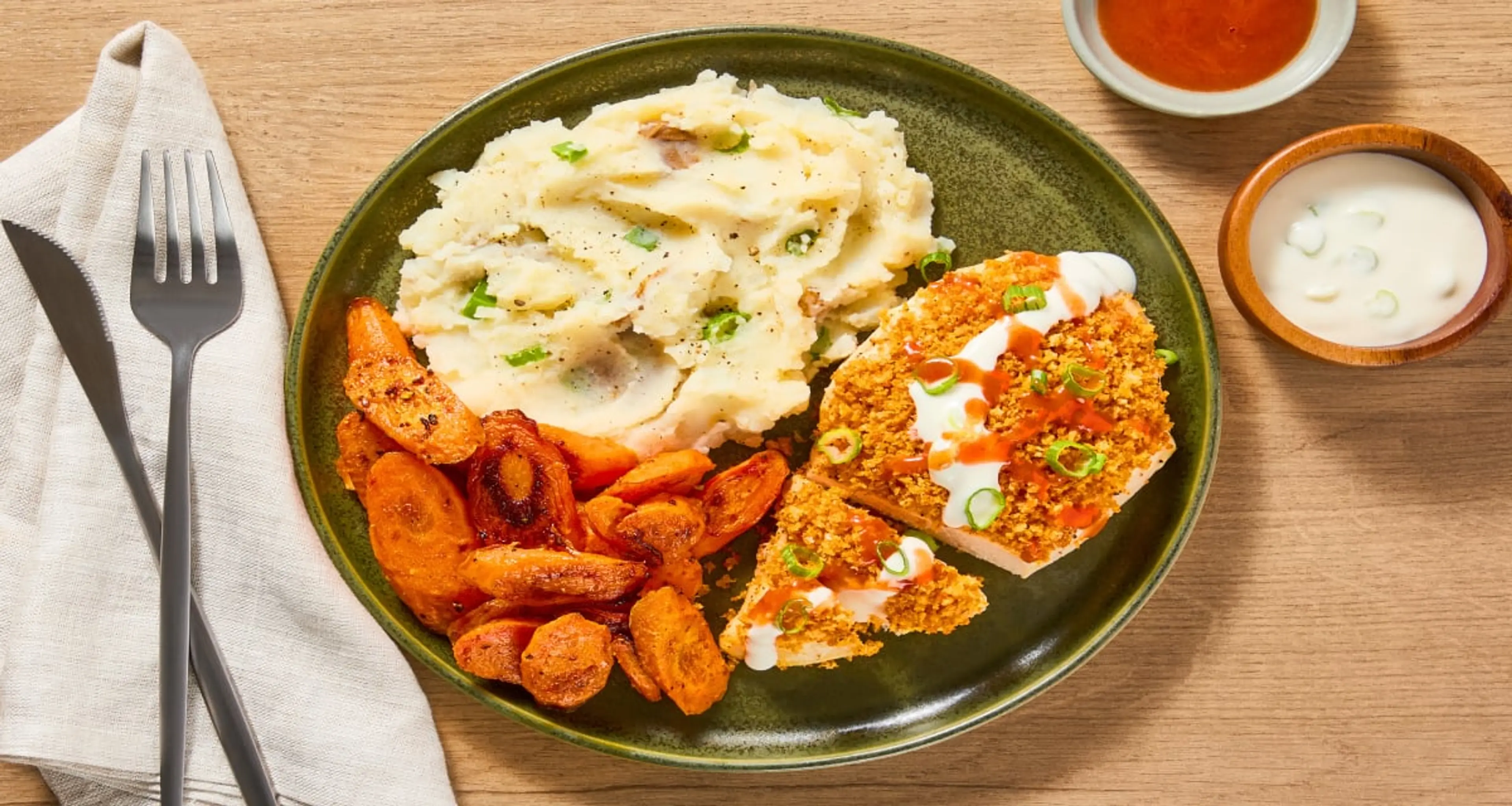Crispy Buffalo-Spiced Chicken with Blue Cheese Sauce, Scalli