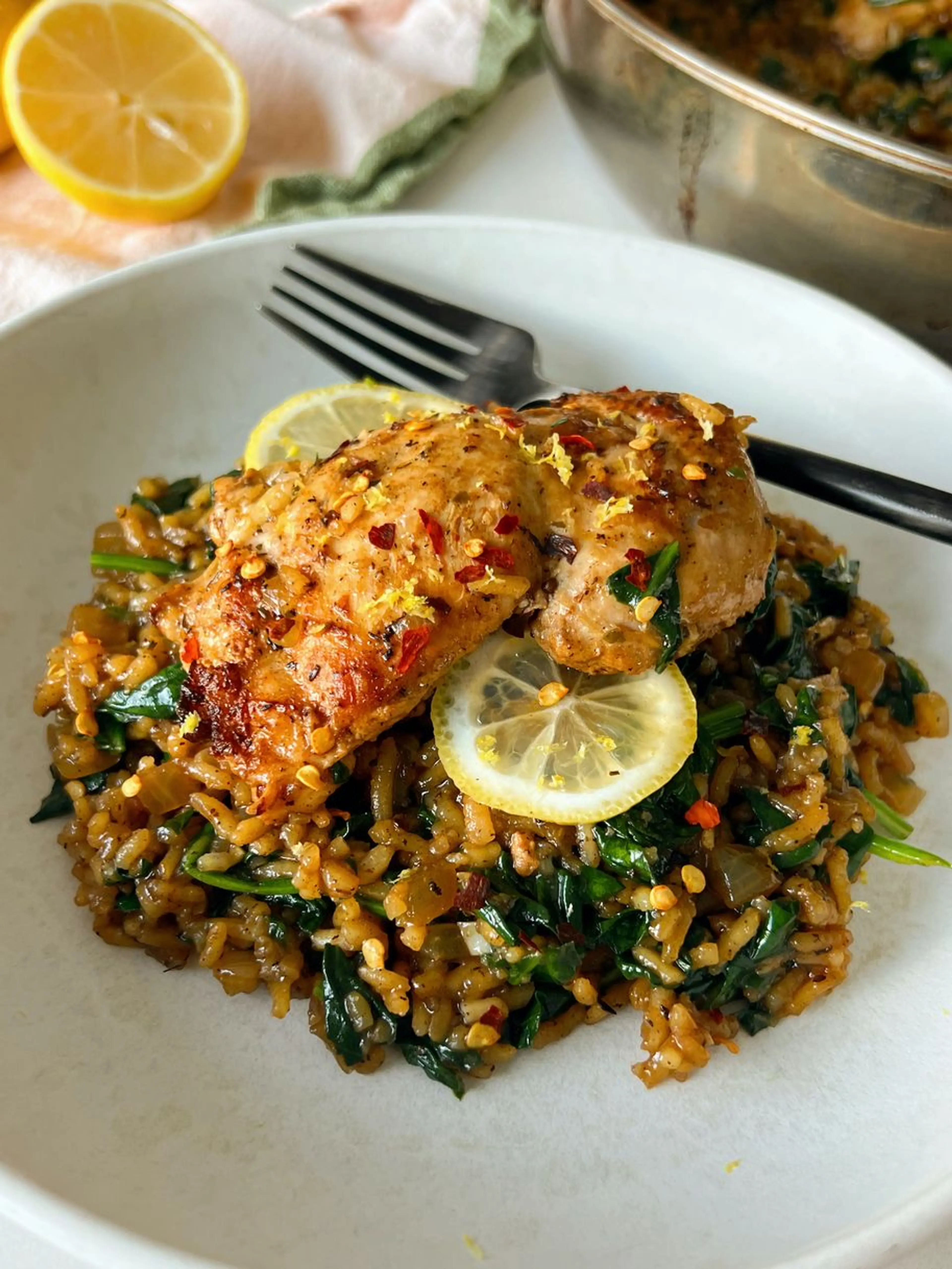 One Pan Greek Lemon Chicken and Rice Skillet