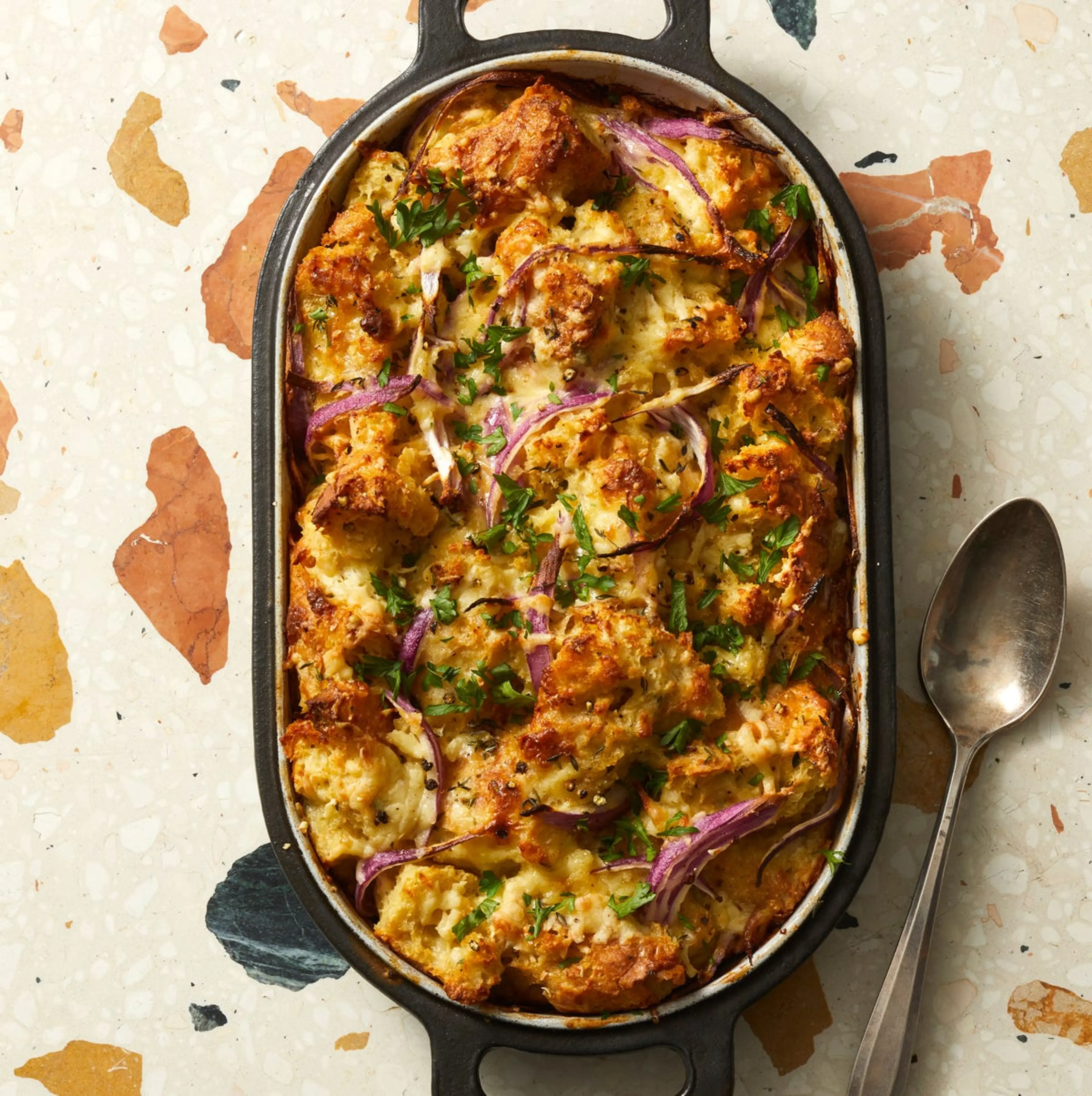 Red Onion and Cheddar Bread Pudding