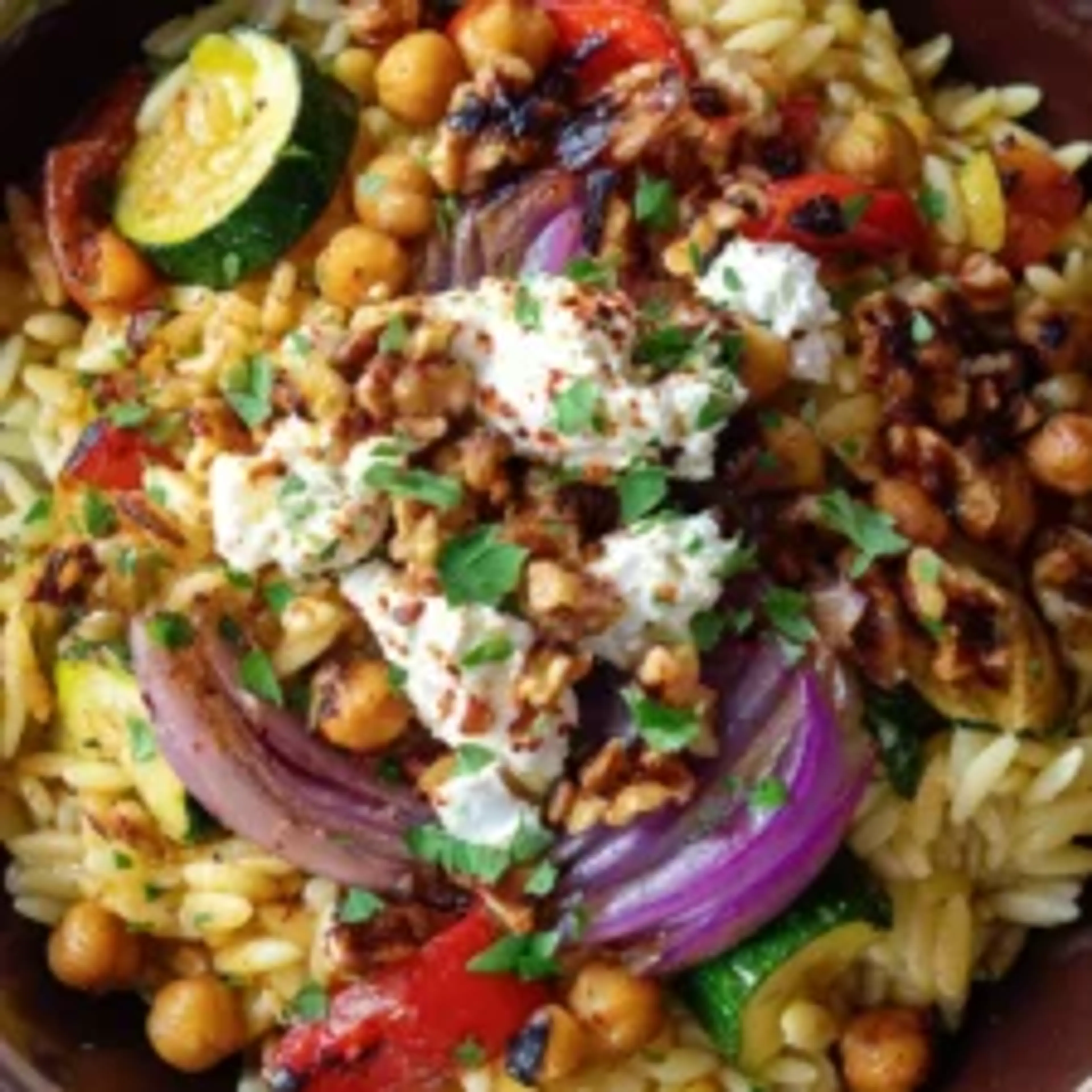 Chickpea & Orzo Bowl with Goat Cheese, Roasted Veggies & Wal