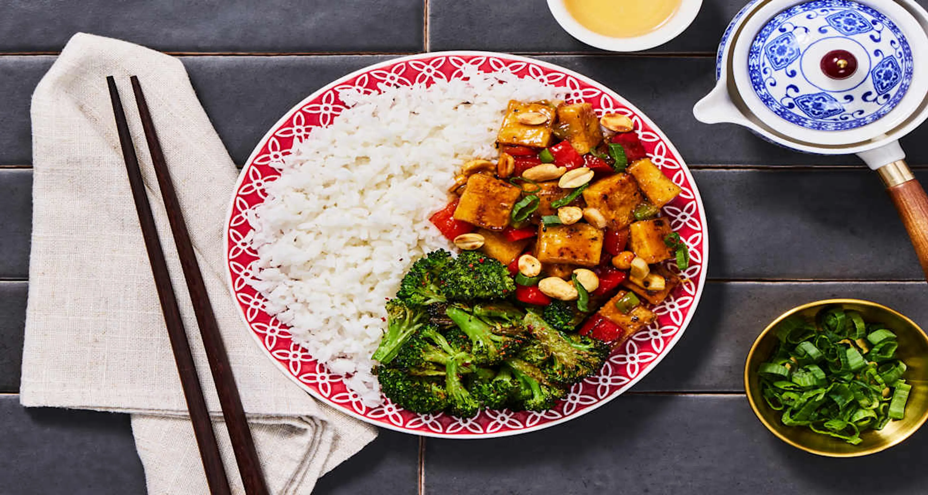 Spicy Kung Pao-Style Tofu Bowls with Rice, Garlicky Broccoli