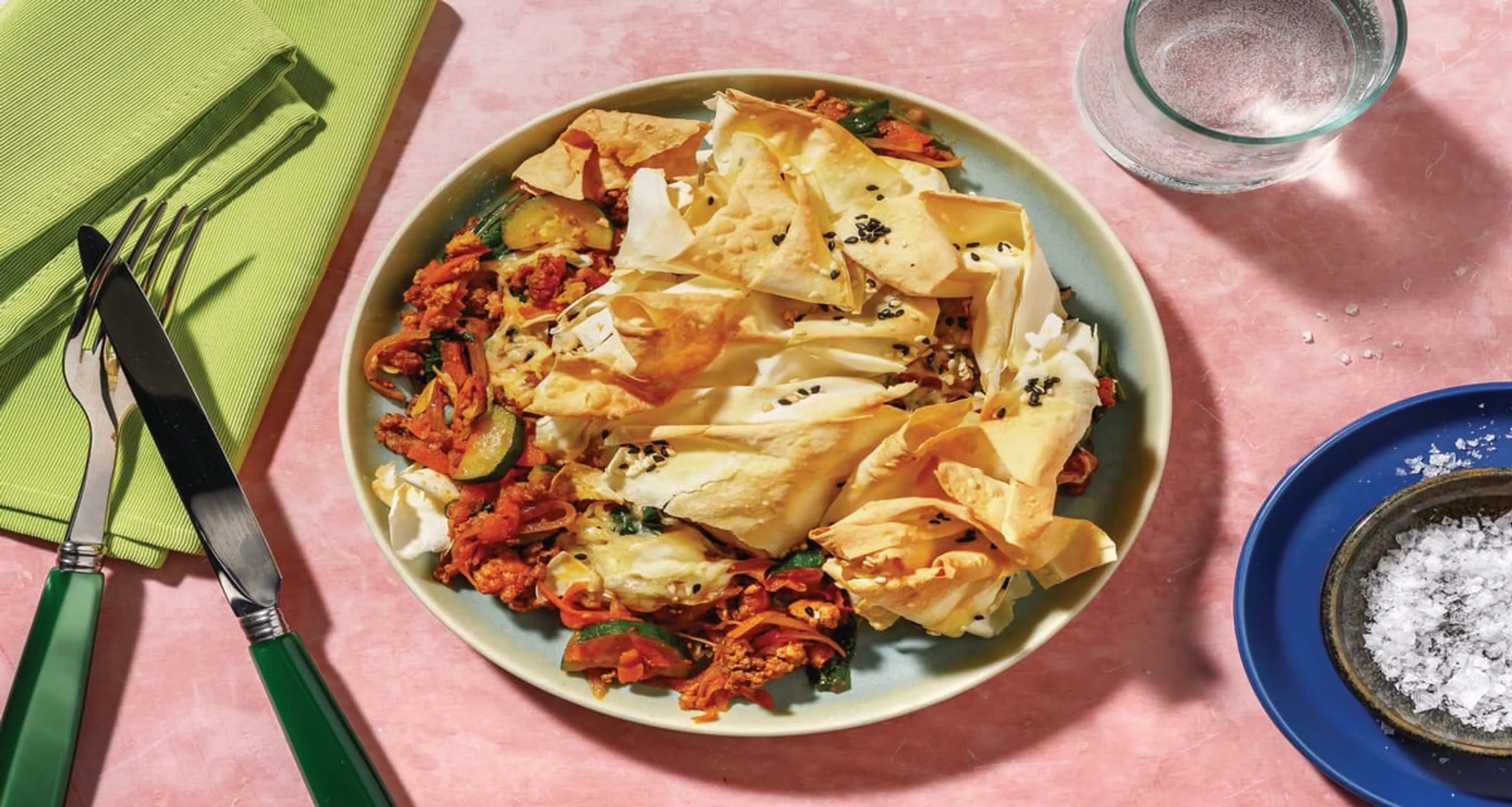 Easy Cheesy BBQ Beef & Pork Filo Pie with Baby Leaves & Sesa