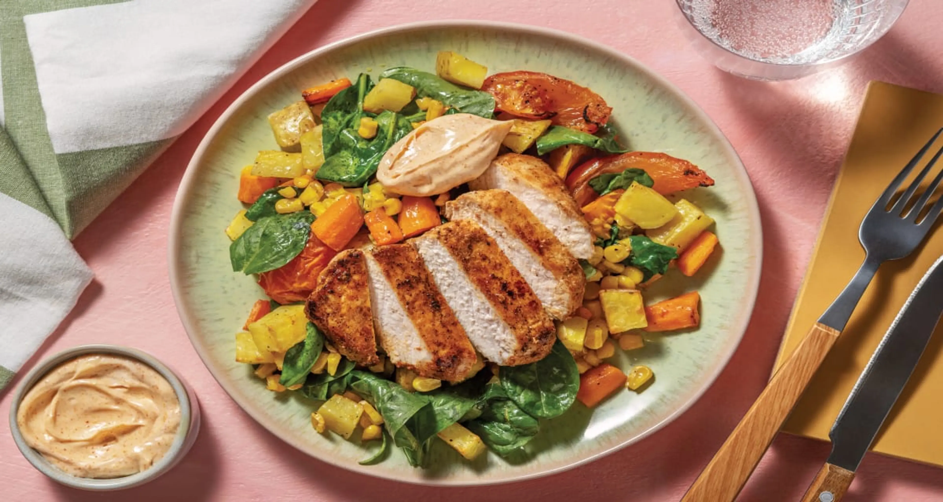 Tex-Mex Chicken & Roast Veggie Toss with Smokey Aioli