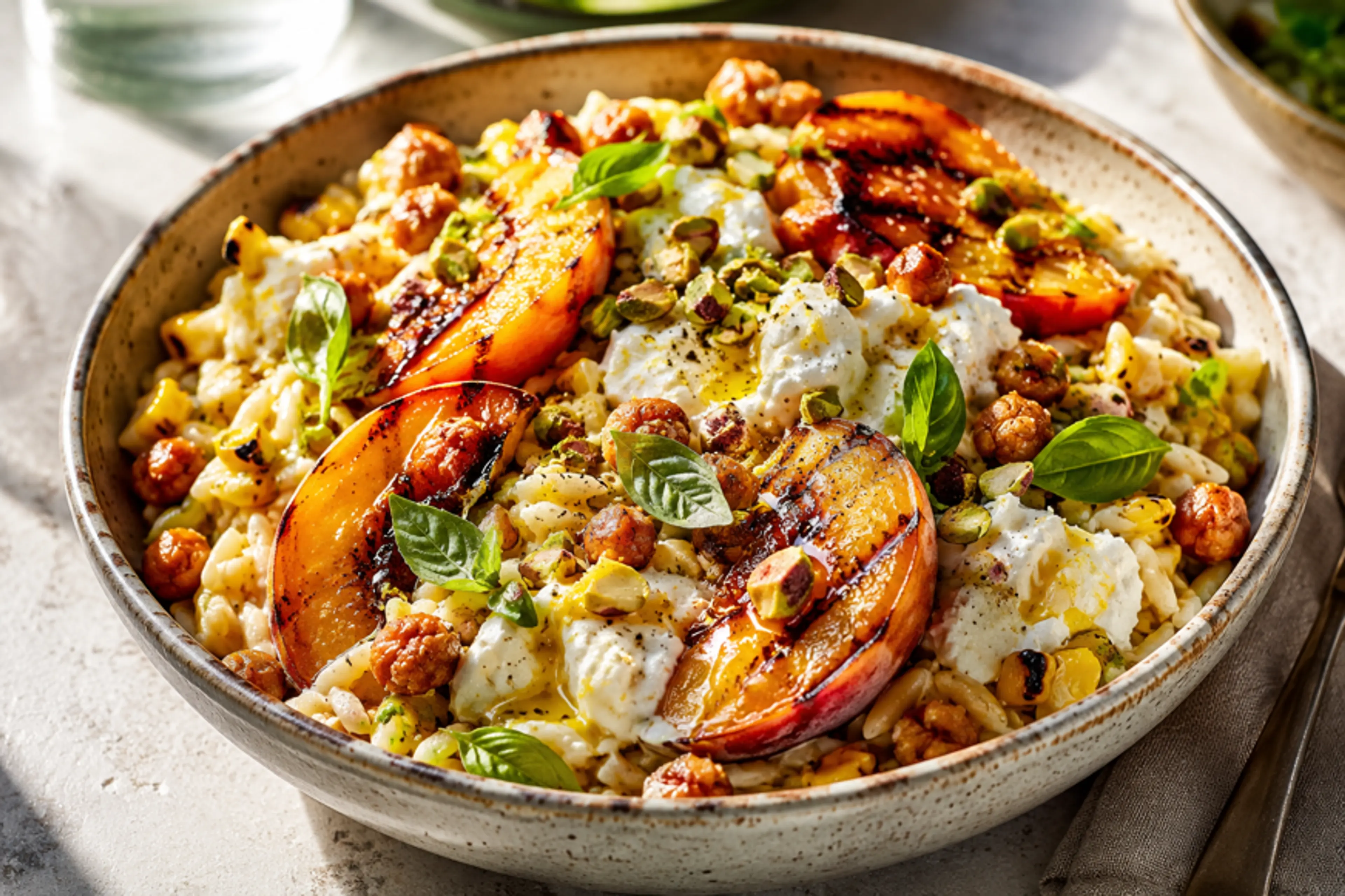 Hot Honey Peach Orzo Bowl