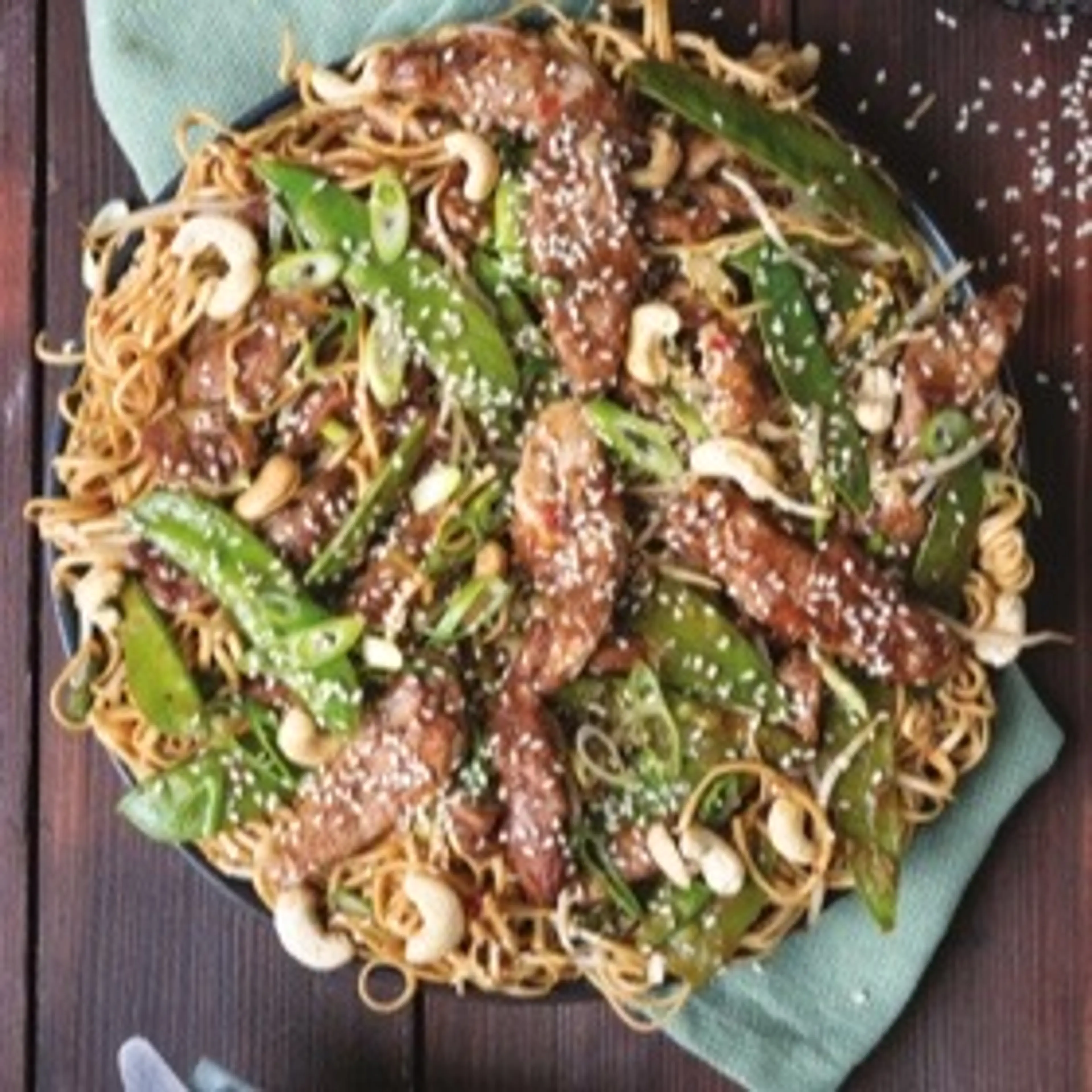 QUICK STICKY PORK AND CASHEW NOODLES