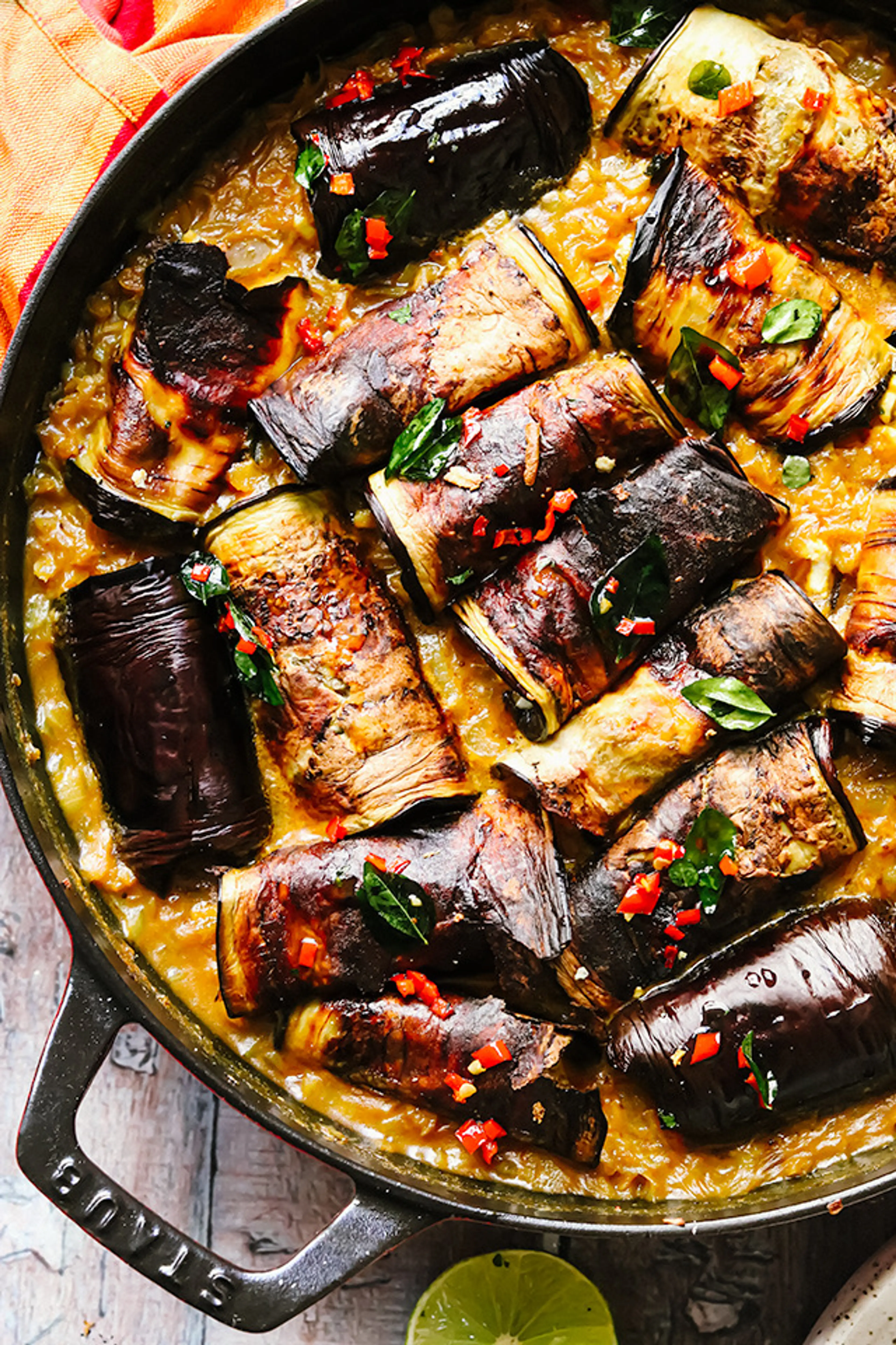 Stuffed Eggplant in Curry and Coconut Dal