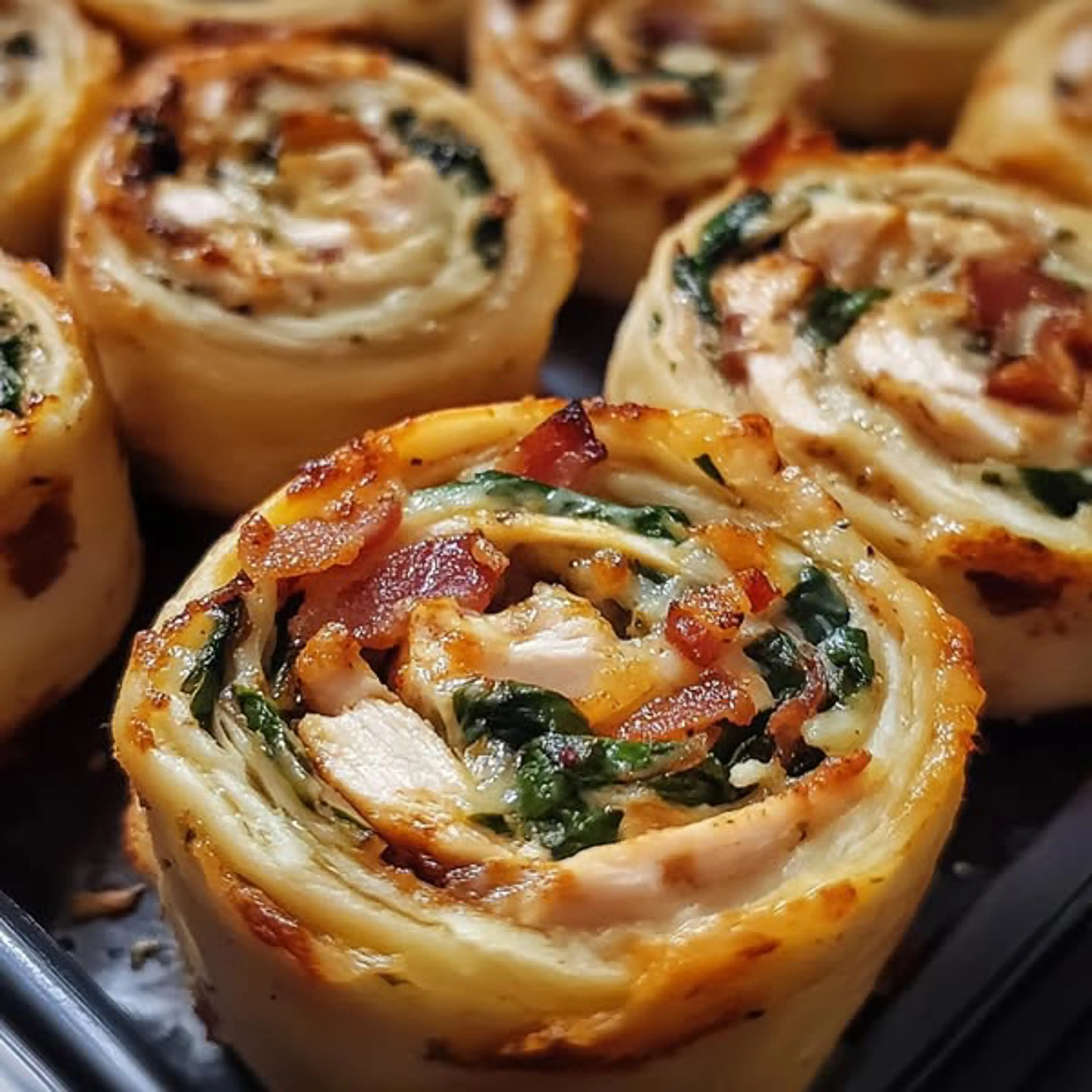 Flaky Savory Pinwheels with Chicken, Spinach, Bacon & Melted